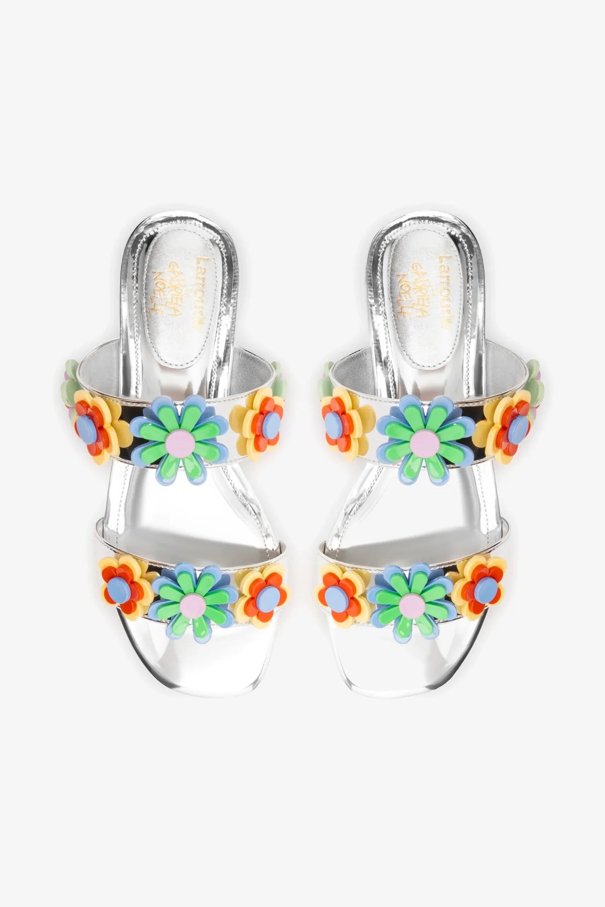 Larroudé x Gabriela Noelle Blossom Flat Sandal - Silver Specchio & Multicolor Acrylic Women's Summer Sandals | Perfect for Beach Vacations, Date Nights & Casual Outings