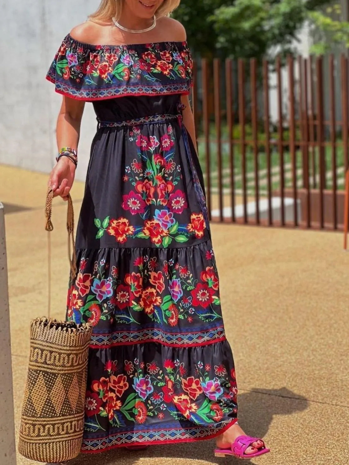 Floral Off Shoulder Ruffle Maxi Dress for Women - Summer Beach Vacation, Resort Wear & Boho Party Outfit