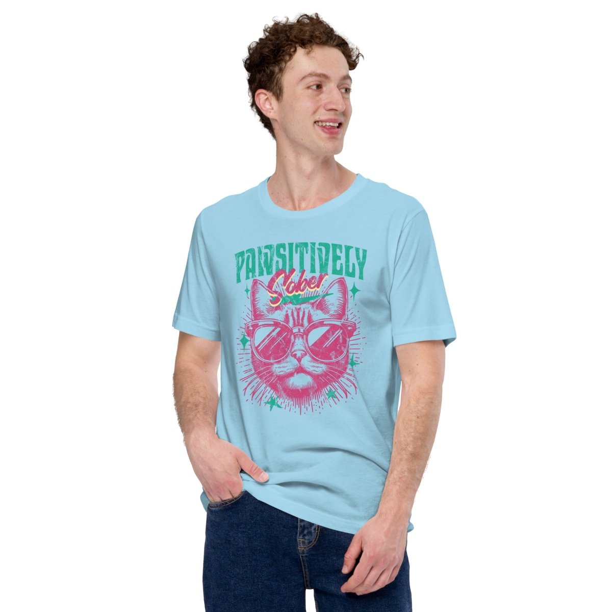 Pawsitively Sober T-Shirt - Funny Cat Sobriety Tee for Recovery & AA Meetings | Celebrate Clean Living with Cute Cat Design