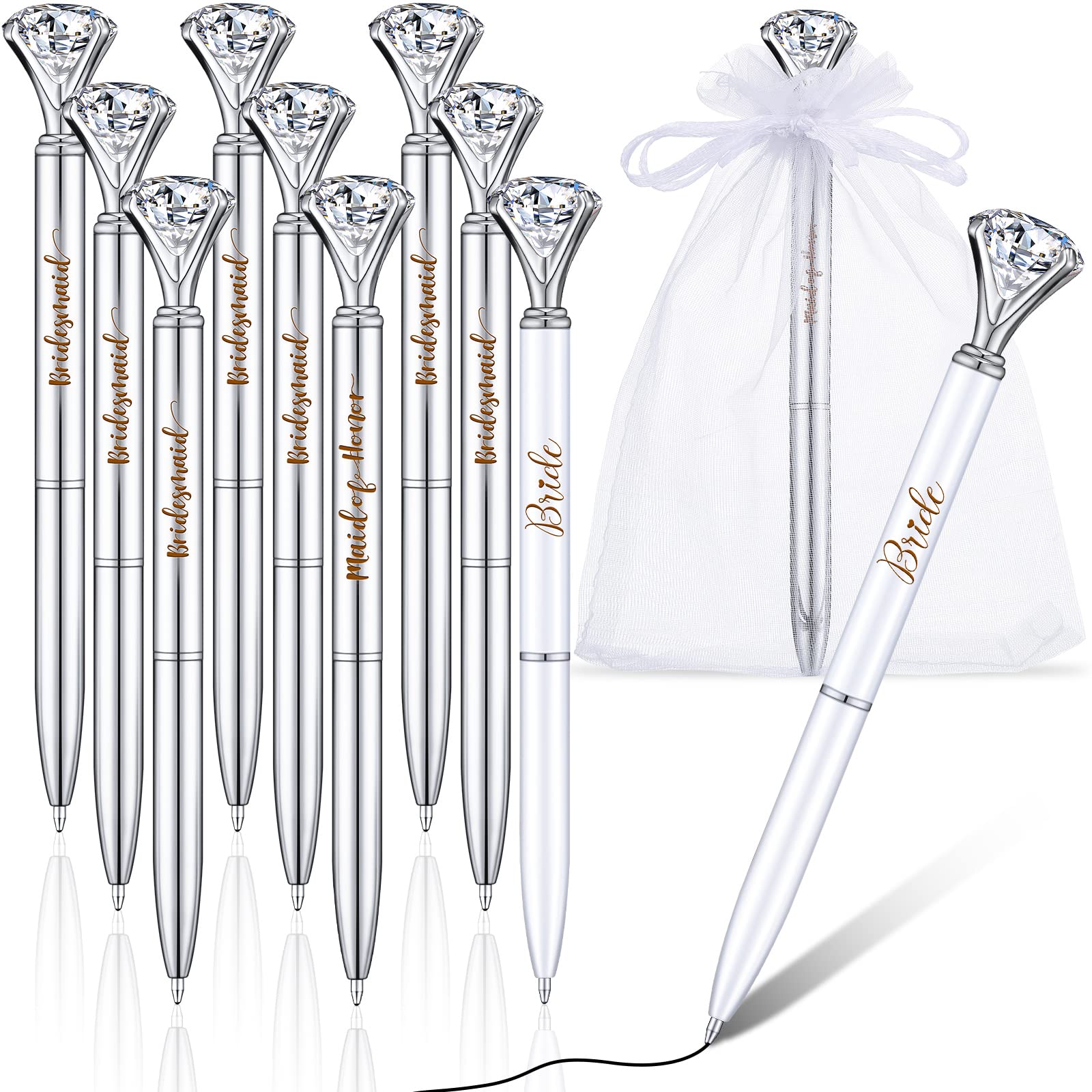 10 Pcs Elegant Diamond Ballpoint Pens for Bridal Shower & Wedding Party Favors - Silver & White Crystal Metal Pens with 10 Sheer Organza Bags - Perfect for Bridesmaid Gifts, Wedding Guest Favors & Special Occasions