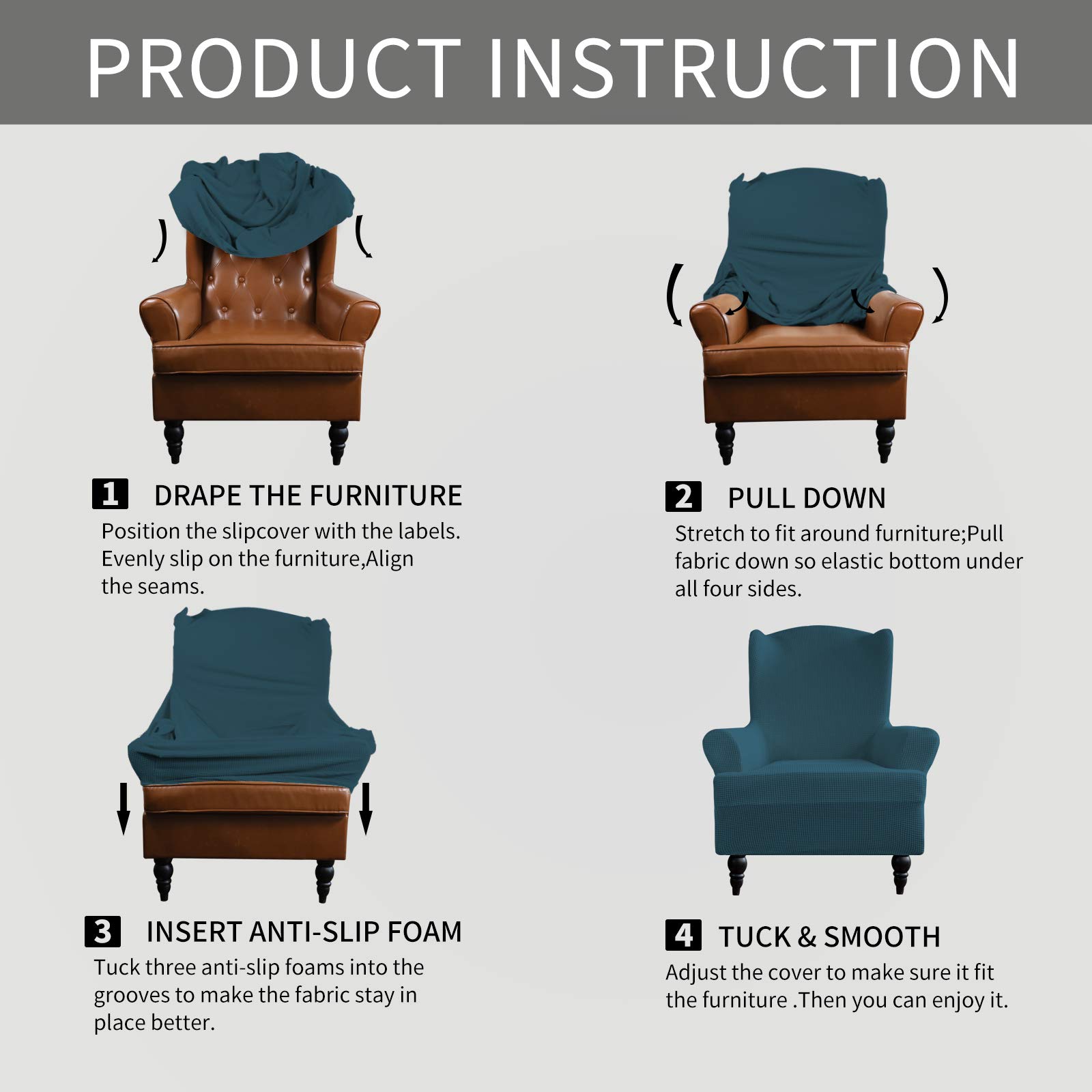 Stretch Wingback Chair Slipcover - 1-Piece Elastic Sofa Cover with Jacquard Fabric - Polyester Spandex Furniture Protector for Wing Chairs (Deep Teal, Small Checks) | Perfect for Living Room, Office & Home Decor Protection