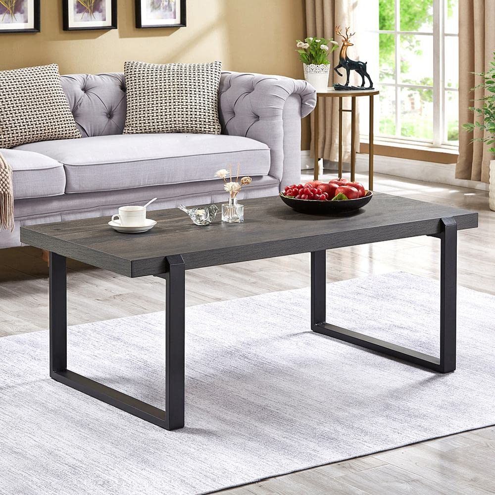 EXCEFUR Modern Coffee Table - Rustic Wood & Metal Rectangle Cocktail Table for Living Room - 44 Inch Grey Center Table - Perfect for Small Spaces, Apartments & Cozy Home Decor