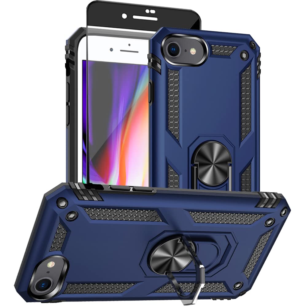 Aozuoton iPhone SE 2022/2020 & iPhone 8/7 Case with HD Screen Protector - Military Grade 16ft Drop Tested, Shockproof Protective Phone Cover with Ring Holder (Blue) - Perfect for Outdoor Activities, Travel & Daily Protection