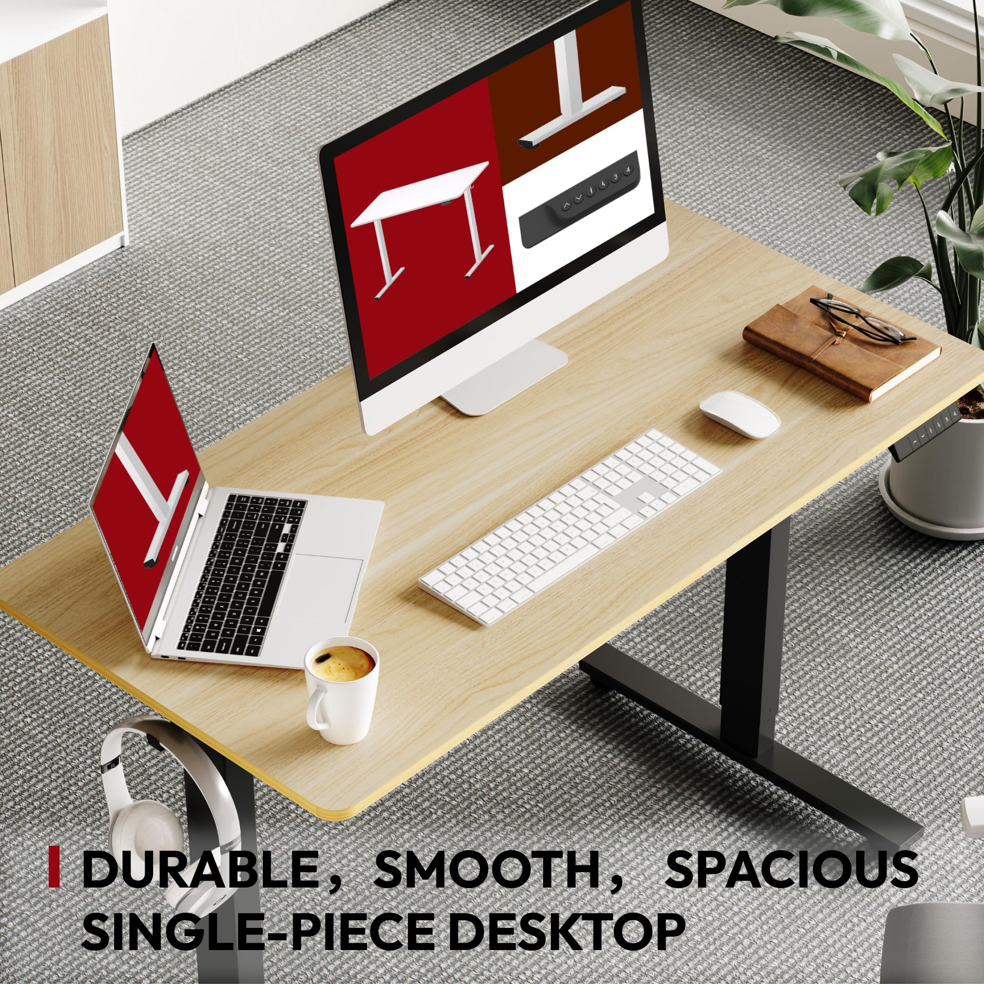SANODESK 55 x 28 Inches Electric Standing Desk - Height Adjustable Whole-Piece Desktop with 6-Button Controller, Ergonomic Computer Desk for Home Office (Black Frame + Natural Tabletop) - Perfect for Remote Work, Gaming & Study Setup