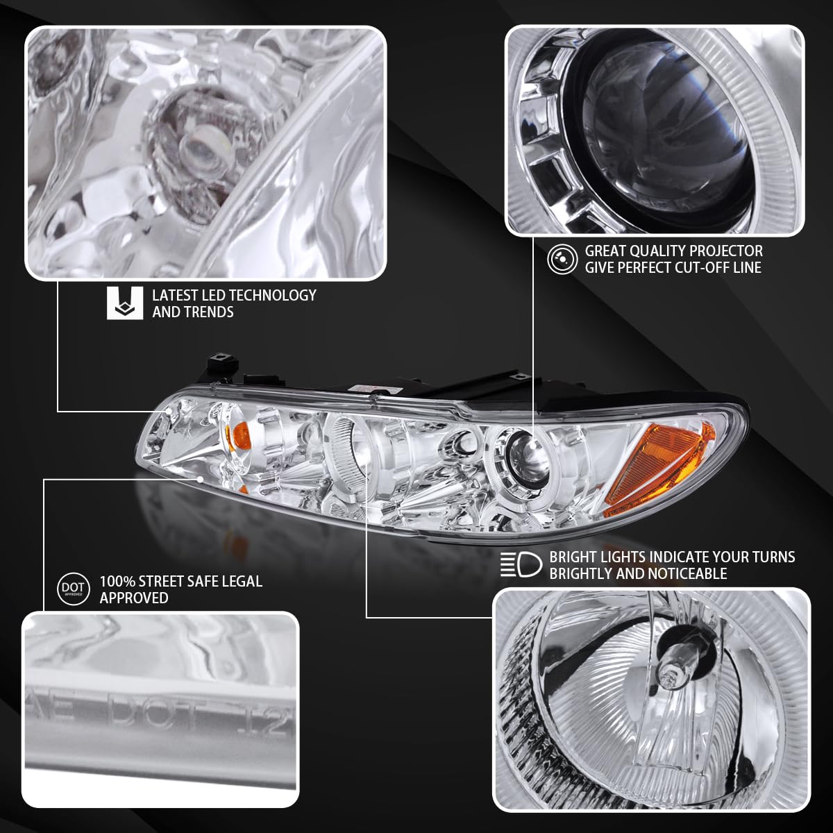 AUTOZENSATION 1997-2003 Pontiac Grand Prix Headlights - Left & Right Pair LED Halo Projector Headlamps Assembly with Chrome Housing & Clear Lens - Includes Corner Lights - Perfect for Night Driving & Car Upgrades