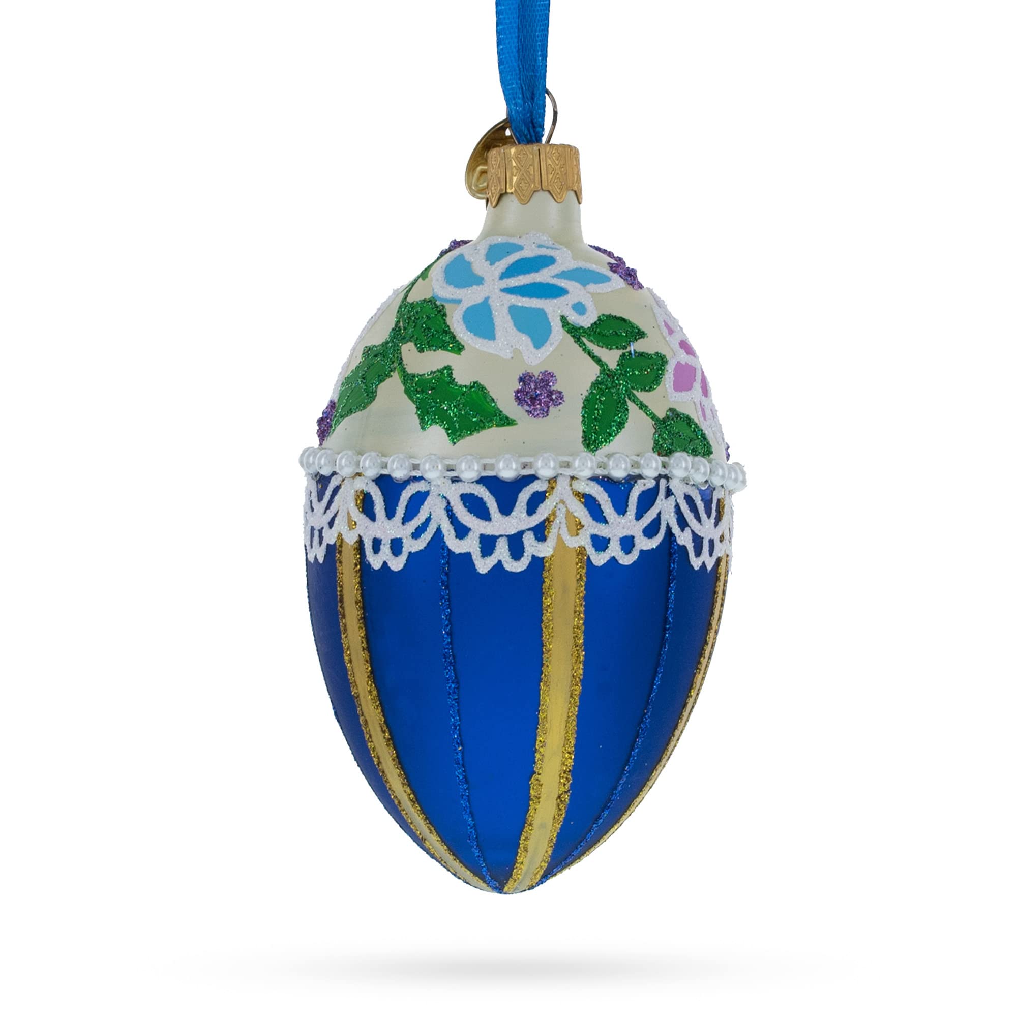 4 Inch Beige and Blue Glass Egg Christmas Ornament with Floral Design - Perfect for Holiday Tree Decor, Gift Giving & Festive Home Décor