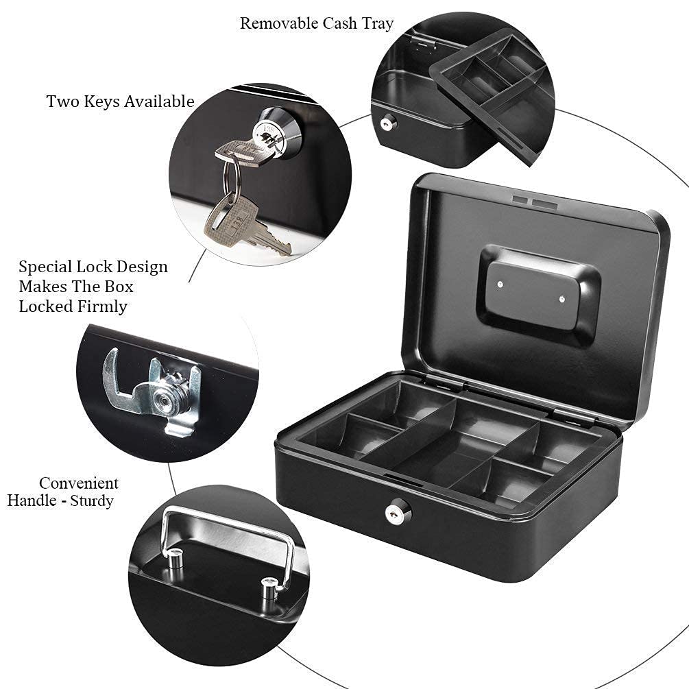 Black Portable Metal Lock Box with Key - Small Safe for Kids, Money Storage Box, Home & Office Security - Ideal for Cash, Jewelry, and Valuables Protection