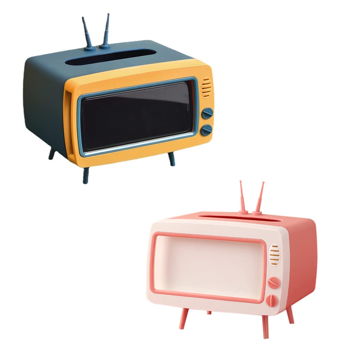 Vintage TV Shaped Storage Box - Retro TV Tissue Holder & Multi-Functional Organizer for Bedroom, Home & Office | Cute Decorative Phone Stand | Perfect for Living Room Decor, Gift Ideas (Blue & Pink)