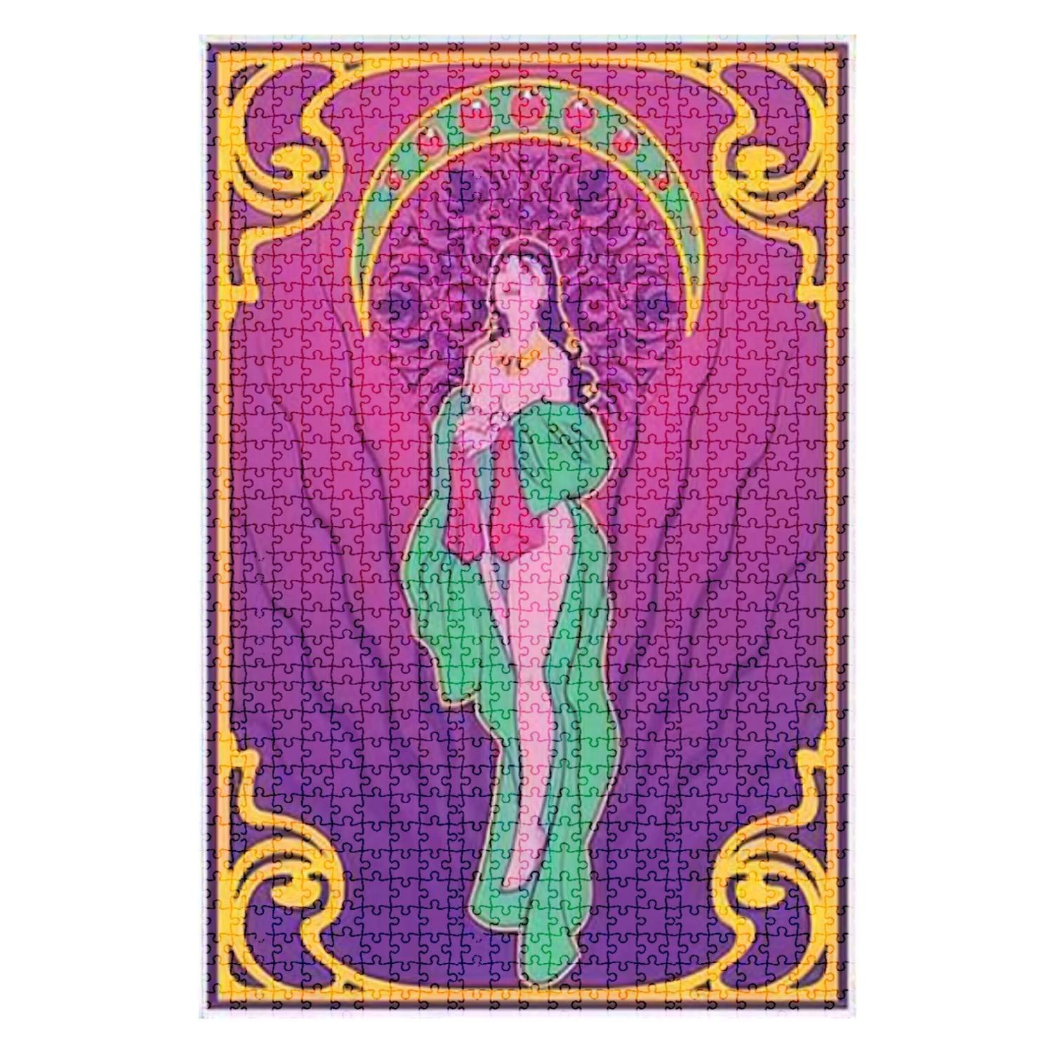 1000-Piece Wooden Jigsaw Puzzle - Art Deco Psychedelic Illustration of Woman with Halo - Fun & Challenging Adult Puzzle Game - DIY Educational Toy for Adults & Kids - Perfect for Home Decor, Gifts & Family Game Night