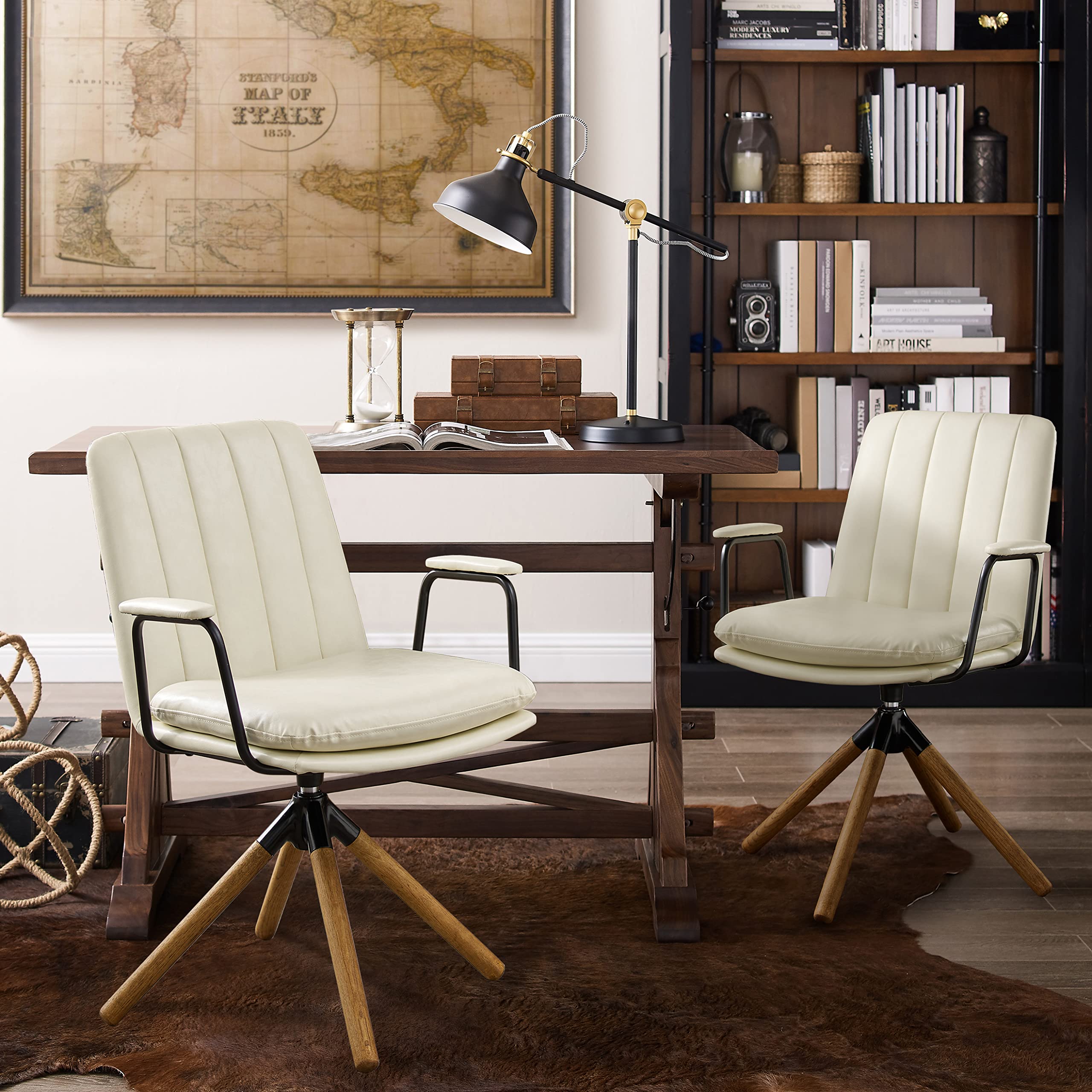 Art Leon Mid Century Modern Swivel Desk Chair Set of 2 - Oak Wood Legs & Faux Leather Upholstery - No Wheels Office Chair for Home Office, Bedroom or Living Room - Off White - Perfect for Workspaces & Cozy Reading Nooks