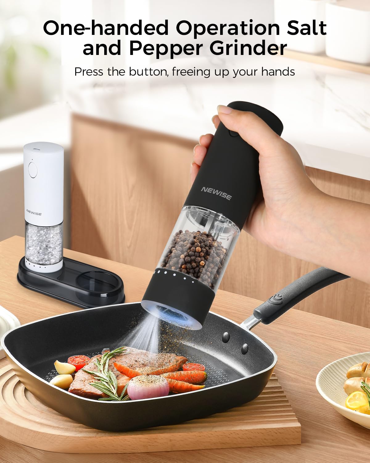 Rechargeable Electric Salt and Pepper Grinder Set with LED Light - Automatic Adjustable Coarseness - 2 Pack Black & White Kitchen Gadgets - Perfect for Cooking, Dining & Housewarming Gifts for New Home