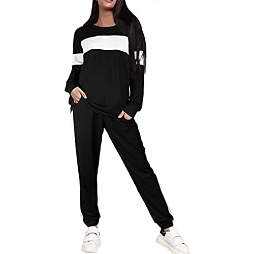 2 Piece Women's Sweatsuit Set - Crewneck Colorblock Striped Lounge Pants with Pockets | Casual Jogging Outfit for Home, Gym & Streetwear Fashion