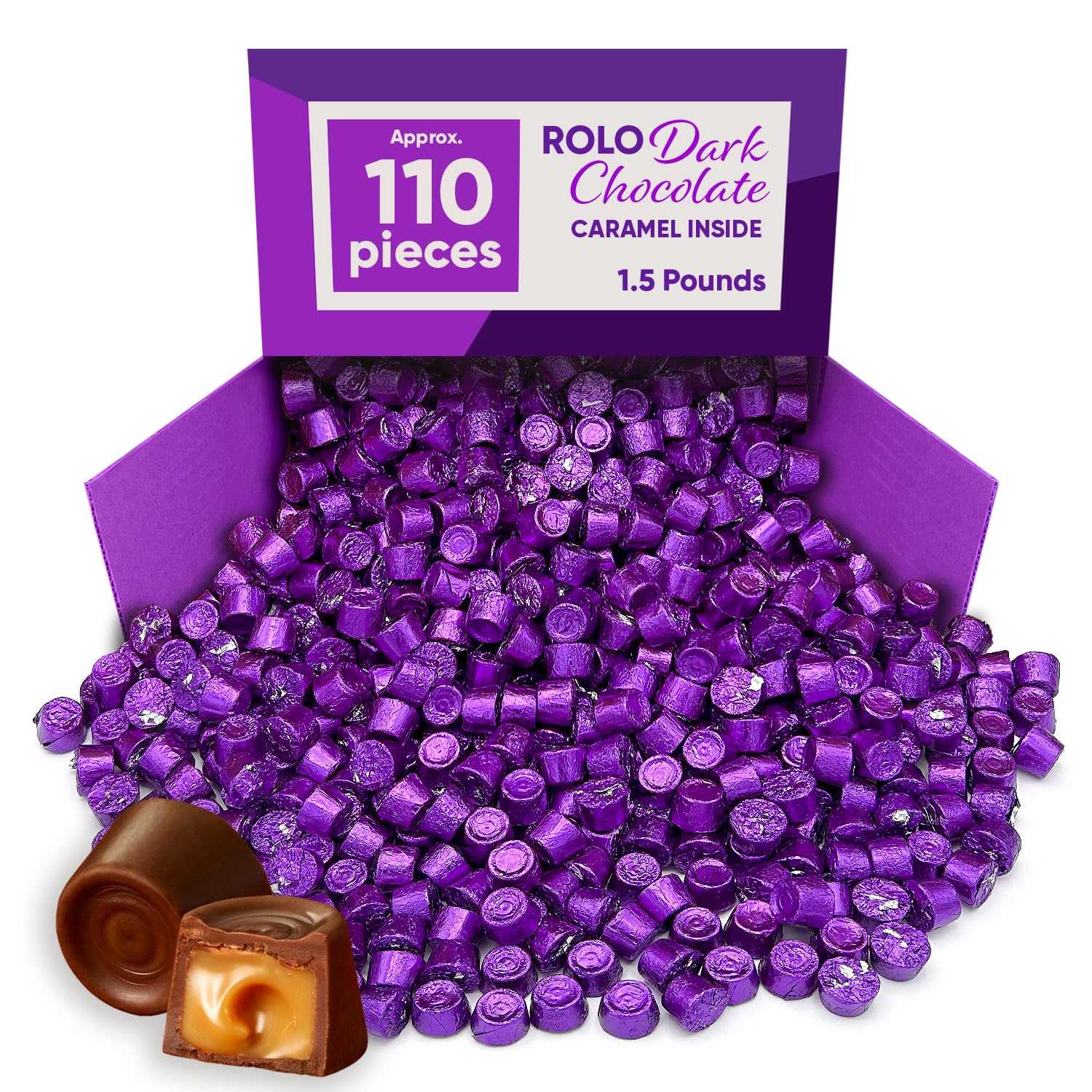Rolo Dark Chocolate Candy with Caramel Filling - 1.5lb Bulk Pack (~110 Pieces) | Individually Wrapped Halloween Candy, Party Treats & Fall Snacks | Perfect for Trick-or-Treating, Office Treats & Holiday Gift Baskets
