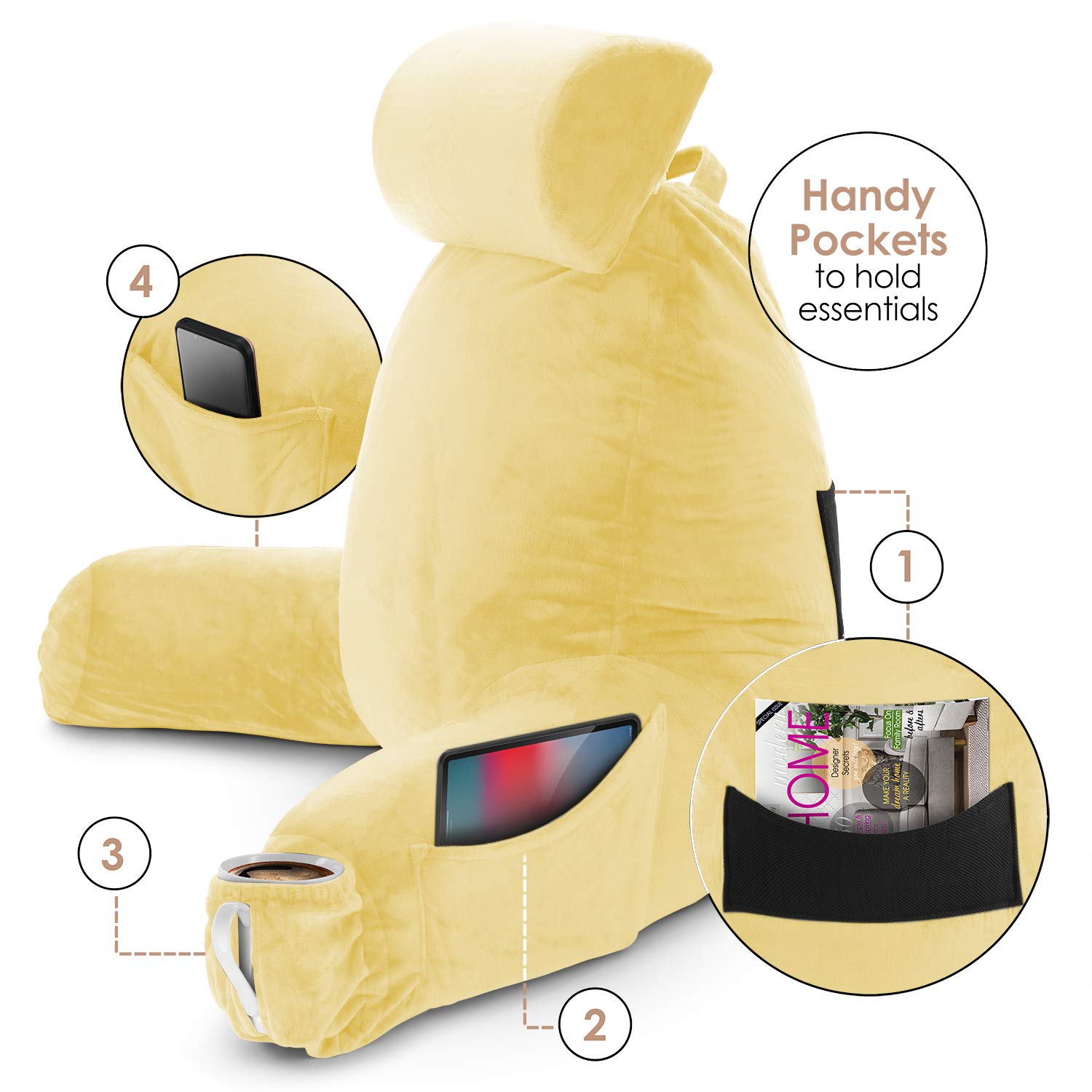 **Nestl Large Reading Pillow with Shredded Memory Foam – Back Support Pillow for Sitting in Bed, Reading, or Relaxing – Light Yellow Bed Chair Pillow with Pockets – Perfect for Cozy Reading Nooks, Dorm Rooms & Lounging**
