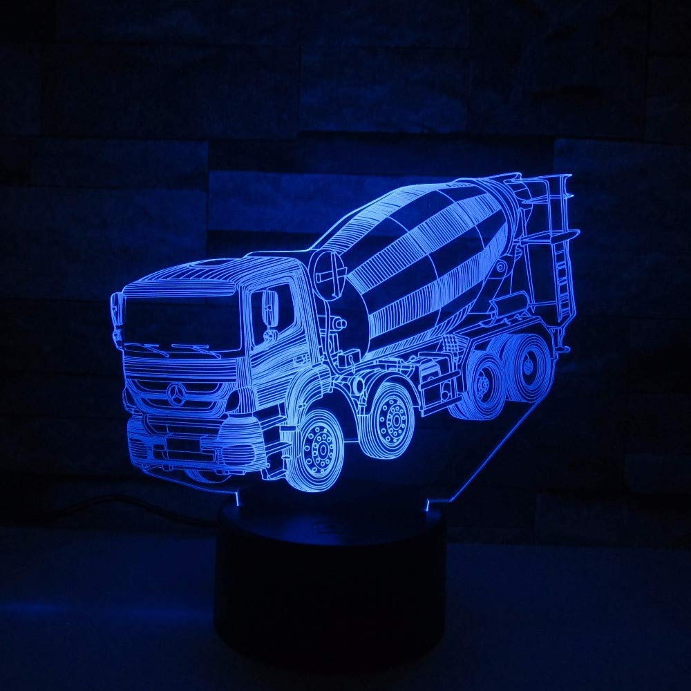 3D Illusion Night Light - Cement Mixer Truck Hoisting Vehicle Lamp for Kids | Bedroom, Nursery, Playroom Decor | Cool Visual Effect Nightlight for Boys & Girls