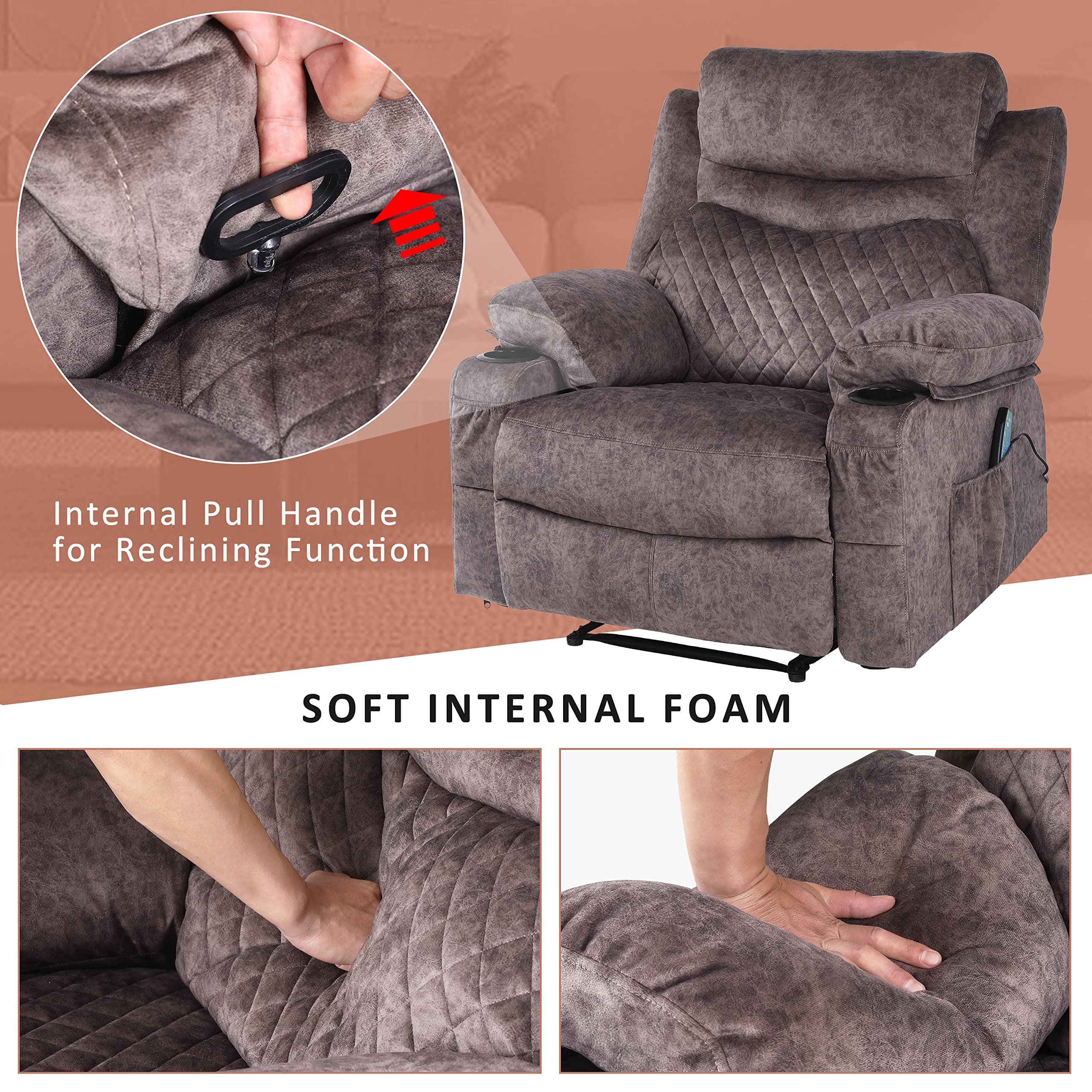 Premium Overstuffed Massage Recliner Chair with Heat & Manual Recline - Soft Fabric Theater Recliner with Cup Holders (Brown) - Perfect for Living Room, Home Theater & Relaxation