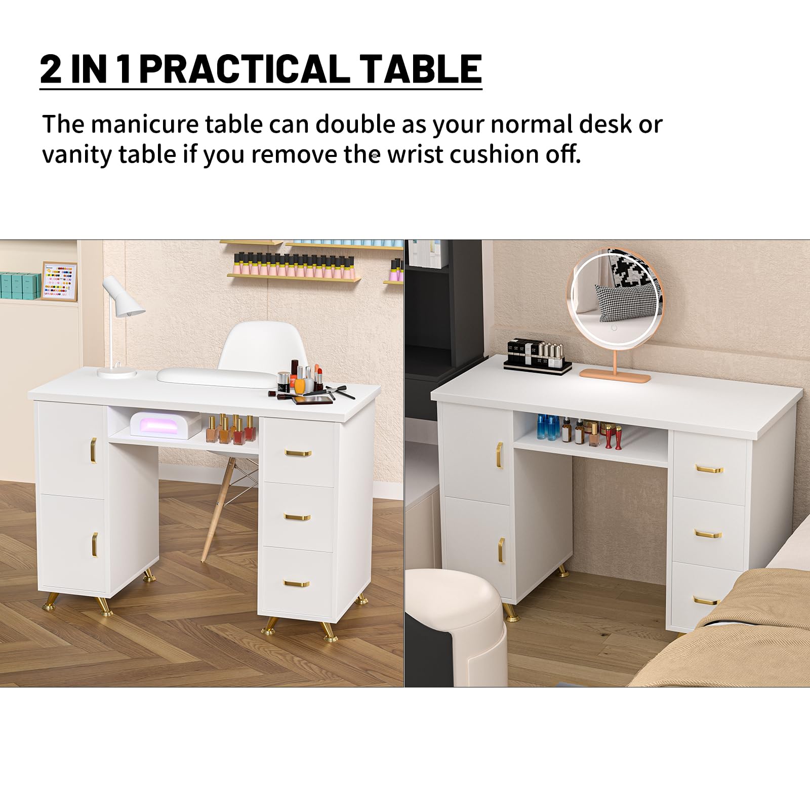 Professional Manicure Table for Nail Technicians - Double Layered Nail Salon Desk with Wrist Cushion, 3 Drawers & 2 Cabinets - Acetone Resistant Beauty Station for Salon Storage & Organization | Perfect for Home & Professional Nail Studios