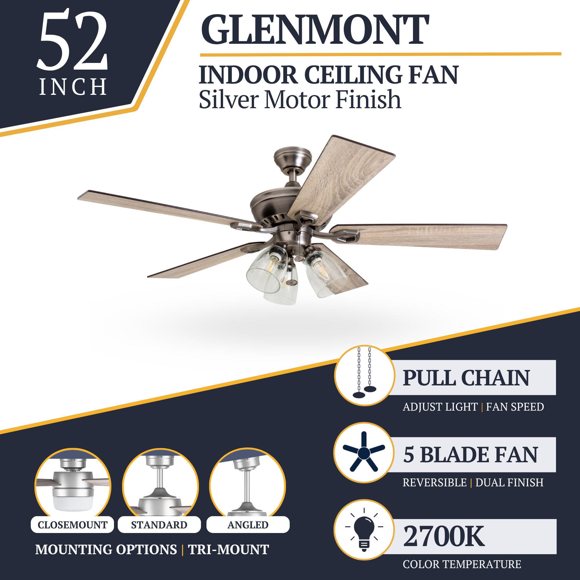 52 Inch Glenmont Antique Pewter Ceiling Fan with Pull Chain - Perfect for Living Room, Bedroom, and Outdoor Patio Cooling