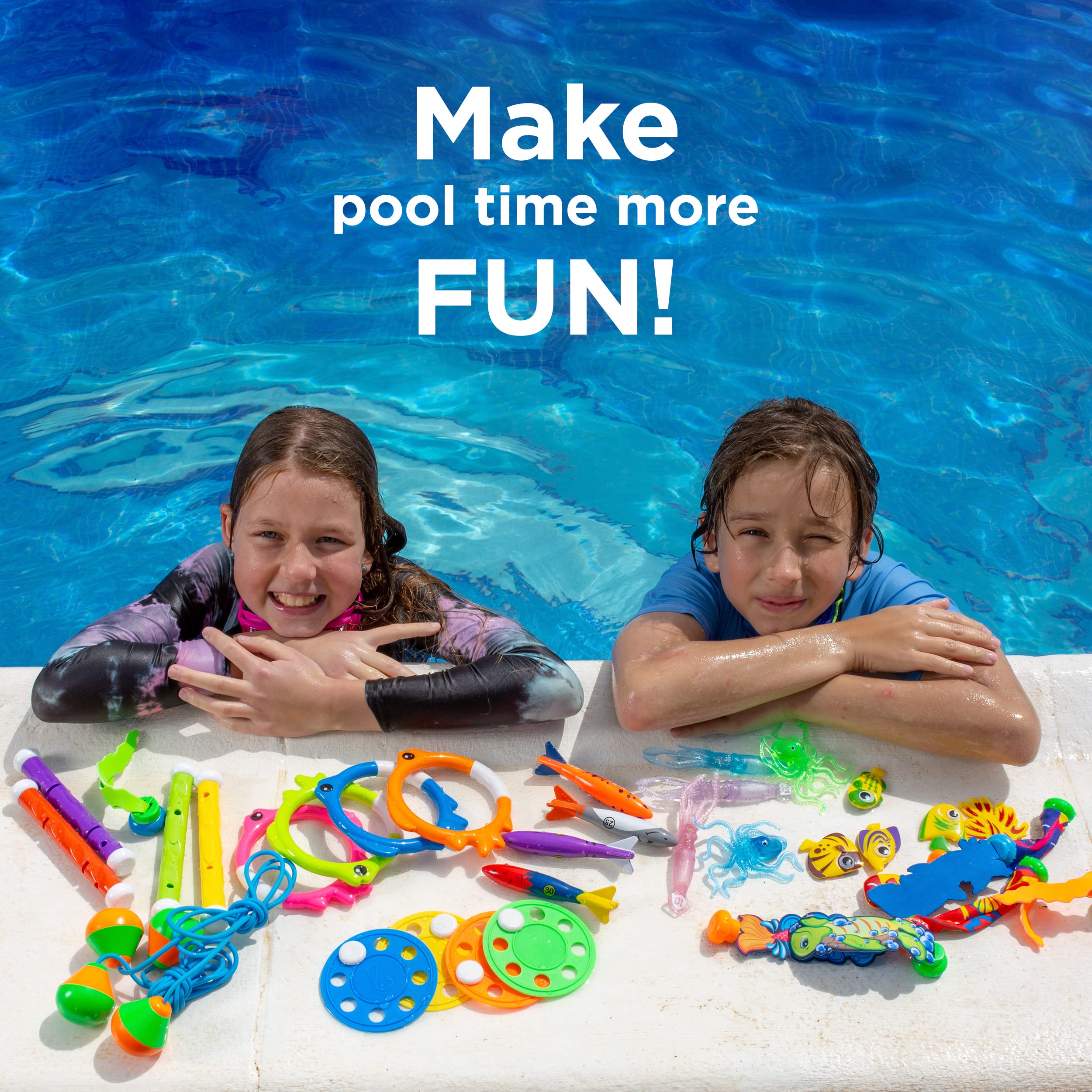 Chuchik 40-Piece Kids Swimming Pool Toys Set - 4 Diving Sticks, 4 Rings, 6 Pirate Treasures, 3 Toypedo Bandits, 9 Fish & 4 Octopus Water Toys with Storage Net Bag | Fun Pool Games for Children, Summer Beach Activities & Underwater Treasure Hunt Adventures