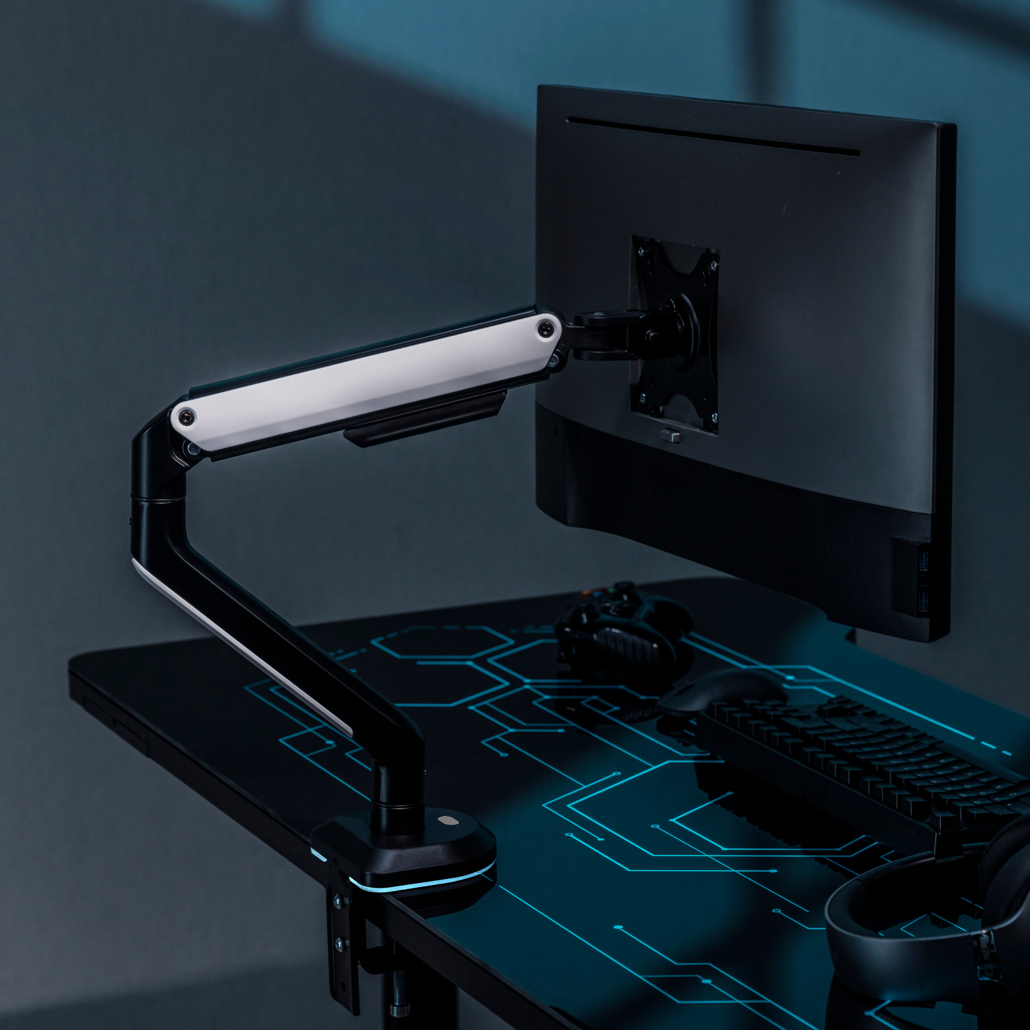 RGB Single Monitor Arm - Spring Assisted Adjustable Desk Mount for Gaming & Office Use - Ergonomic VESA 75/100mm Stand for Computer Screens (Home, Office, Gaming Setup)