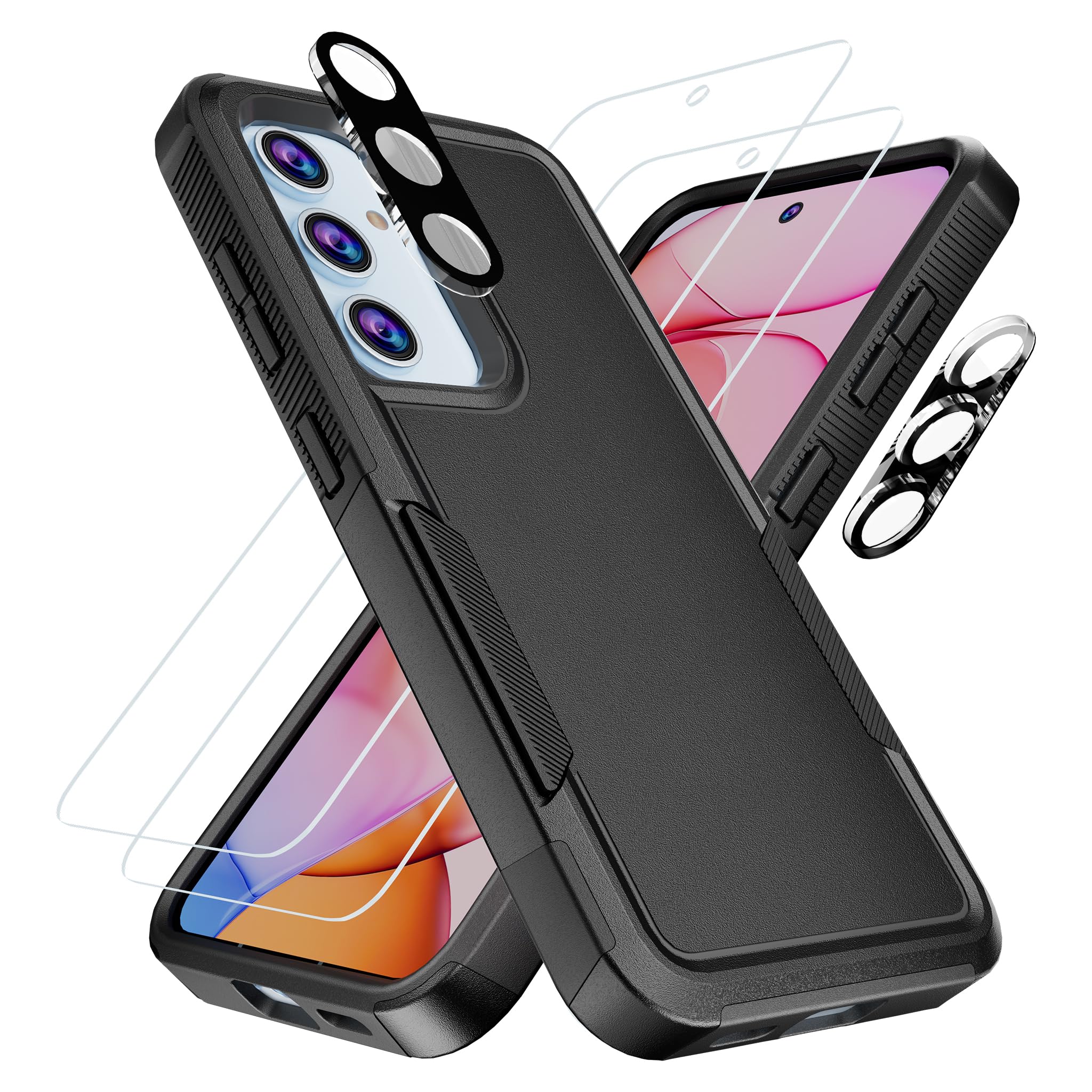 Samsung Galaxy S24 FE Case with 2Pcs Tempered Glass Screen Protector & Camera Lens Protector - Shockproof Dual Layer TPU Soft Inner & Hard Back Cover - Perfect for Work, Travel & Outdoor Activities (Black)