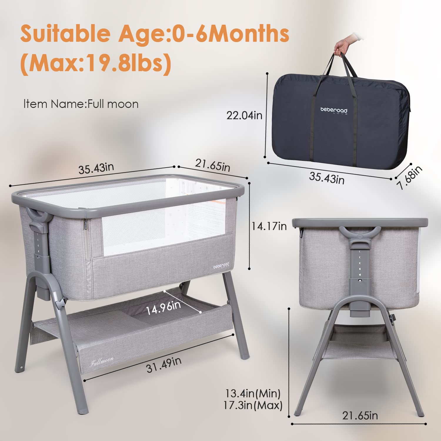 **Beberoad Portable Baby Bassinet & Bedside Sleeper - Lightweight Adjustable Crib for Newborns & Infants (6 Height Settings, Includes Mattress, Wheels, Storage Basket & Travel Bag) - Perfect for Nursery, Bedroom & Travel - Light Grey**