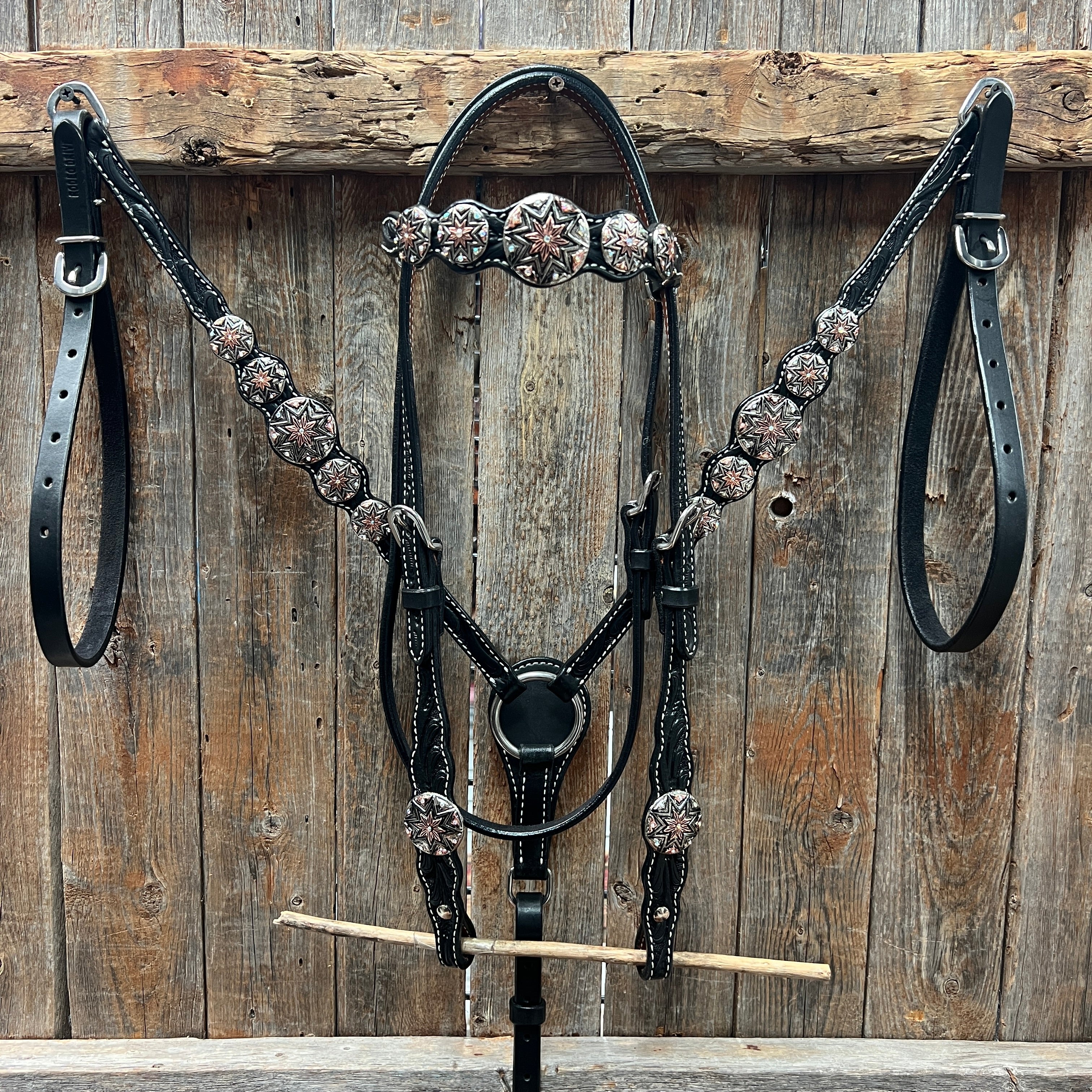 Vintage Silver Starburst Browband & One Ear Tack Set - Black Floral Design for Equestrian & Horse Shows | #BBBC633