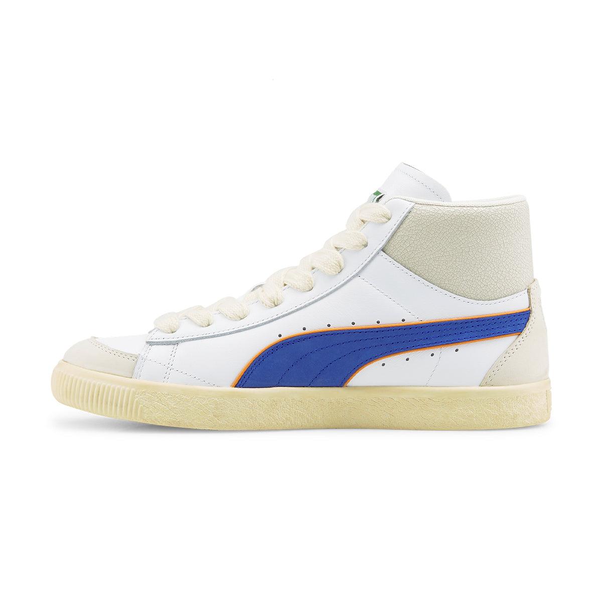 Rhuigi Clyde Mid Basketball Sneakers in White & Royal - Stylish High-Top Shoes for Men, Streetwear & Casual Wear