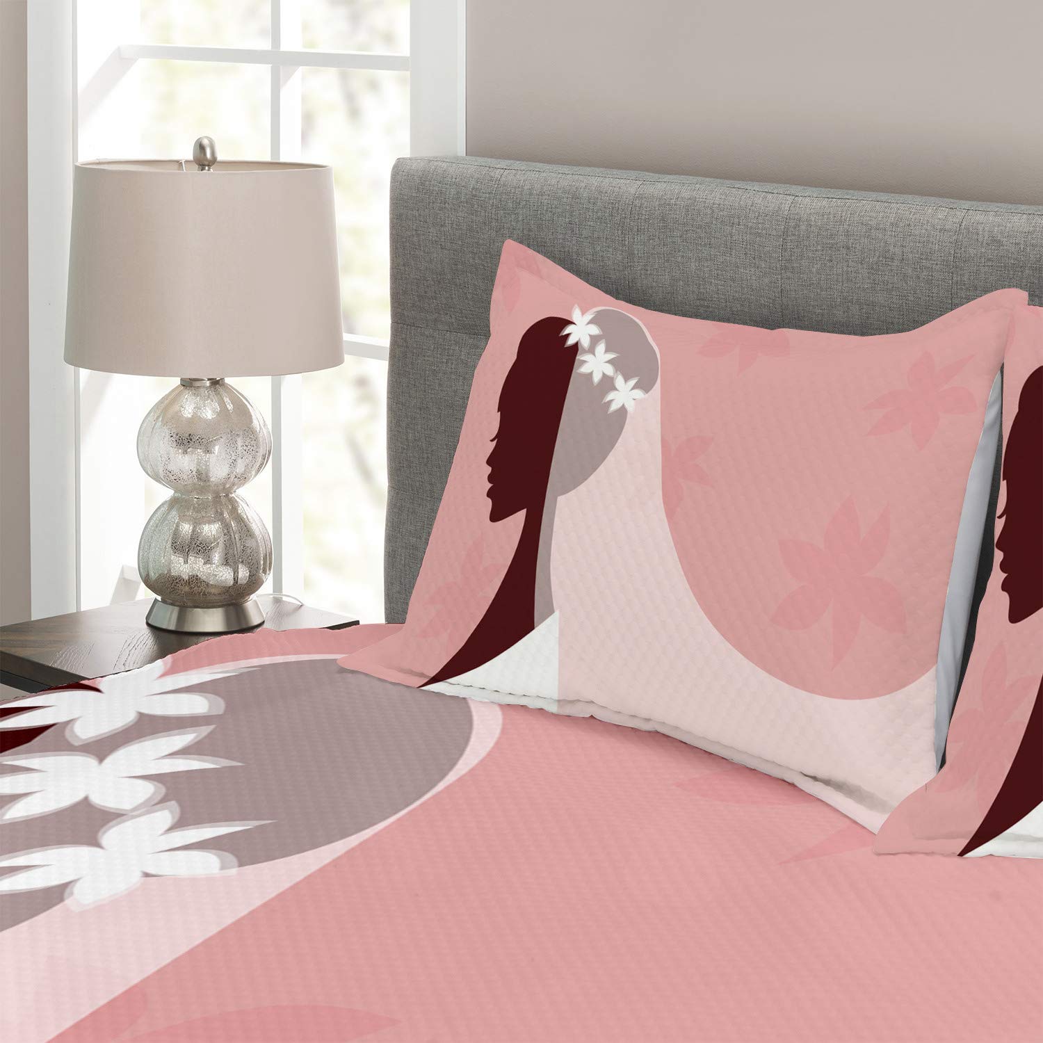 Ambesonne 3-Piece Bridal Shower Bedding Set - Queen Size Pale Pink & White Wedding Dress Bedspread with Veil Design, Includes Coverlet & 2 Pillow Shams - Perfect for Bridal Showers, Honeymoon Suites & Wedding Gift Ideas