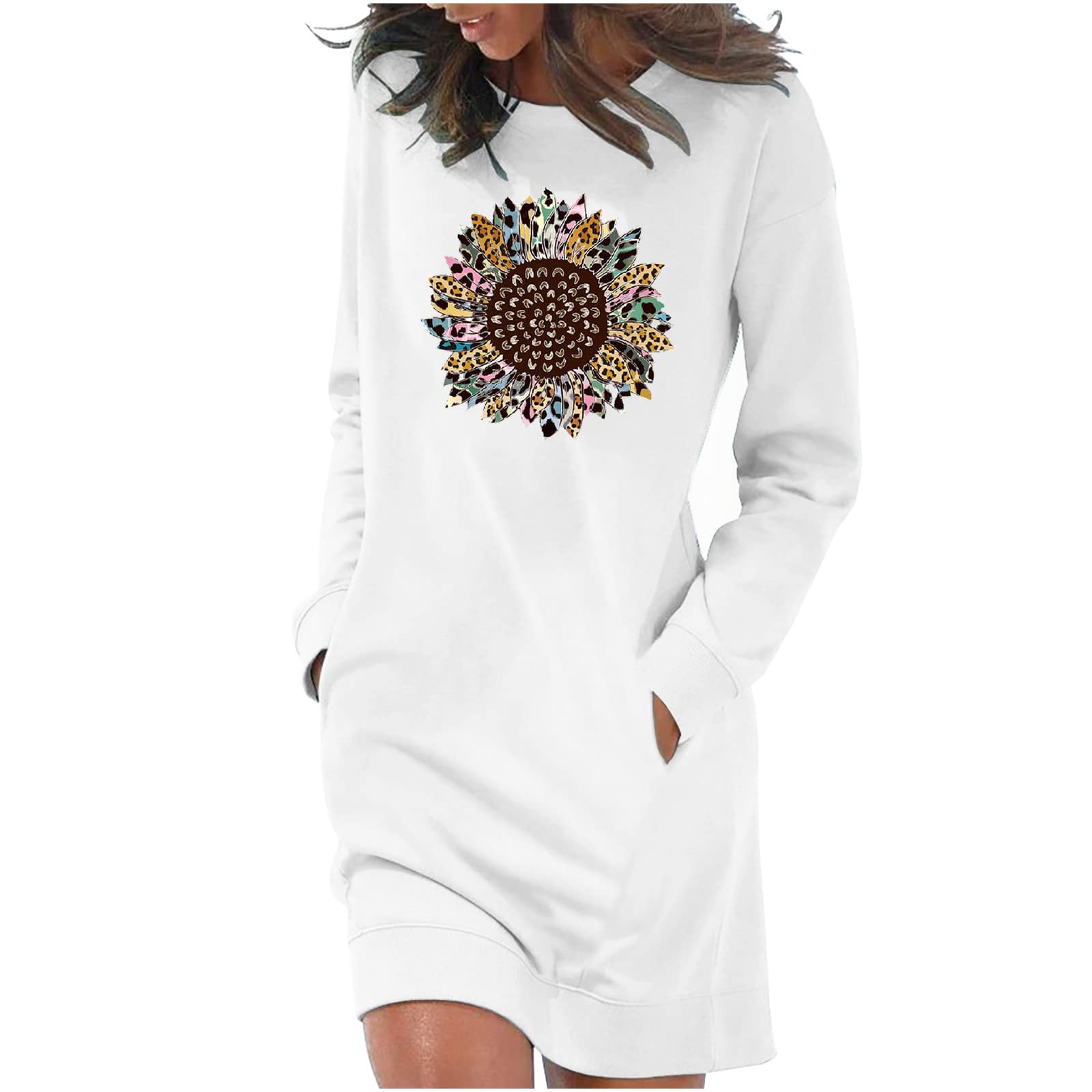 Lisgai Women's Floral Print Sweatshirt Dress - Casual Pullover Mini Dress with Round Neck for Fall | Perfect for Coffee Dates, Weekend Outings and Autumn Layering