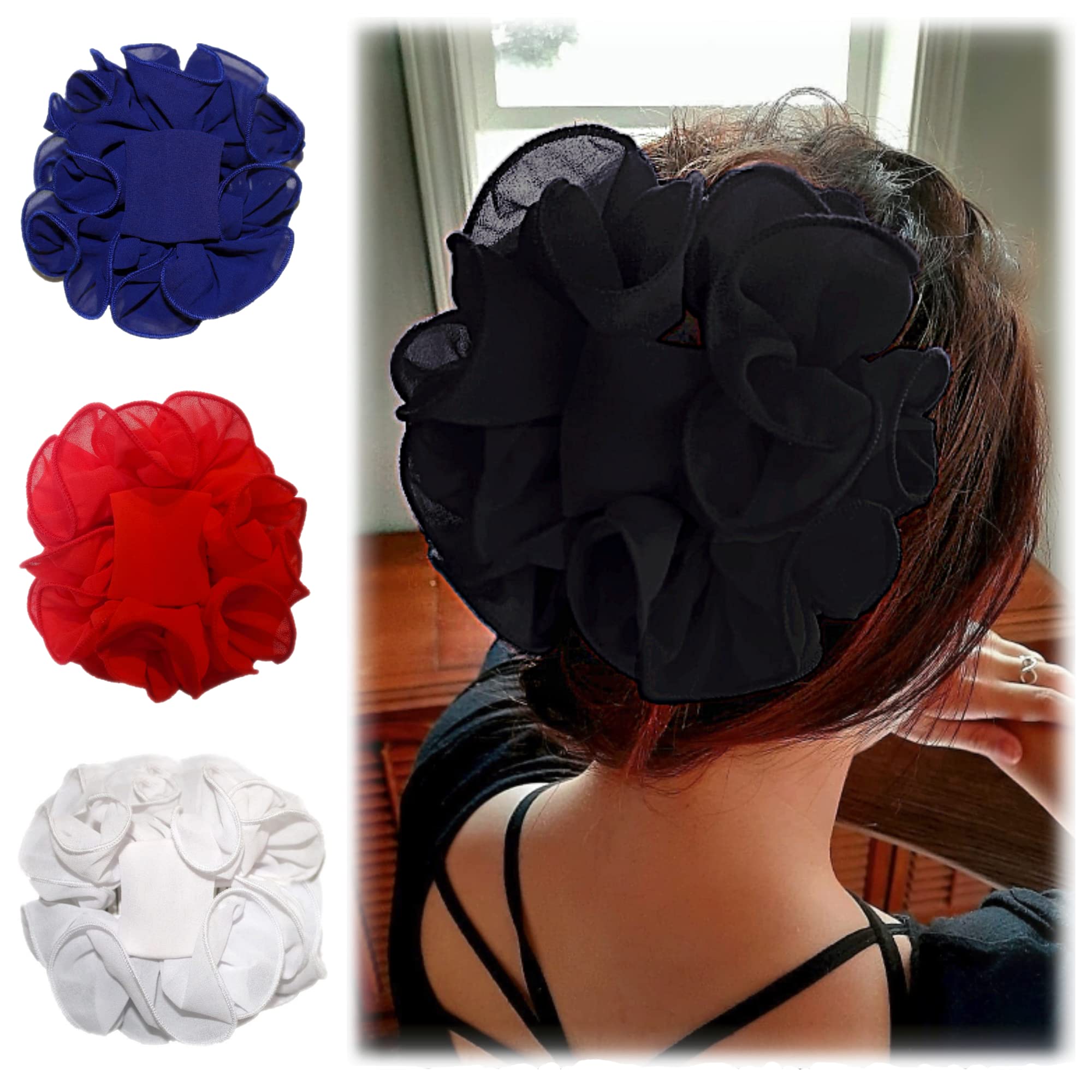 4 Pack Large Chiffon Claw Clip Hair Bows for Women - Big Fabric Ribbon Flower Rose Hair Clips for Thick or Fine Hair (Black, Red, Blue, White) | Perfect for Parties, Weddings, and Everyday Hairstyles