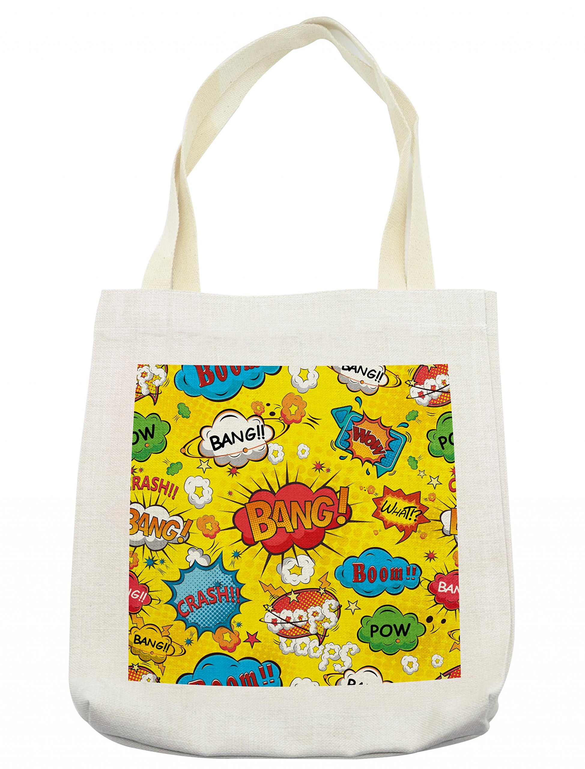 Superhero Tote Bag with Humor Speech Bubbles - Funky Vivid Bang Boom Bam Pow Fiction Design - 16.5x14 Inch Reusable Linen Shopping Bag for Groceries, Books, Beach - Perfect for Comic Conventions & Superhero Fans