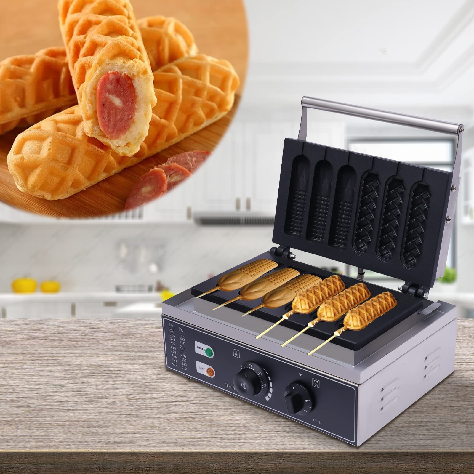 Commercial Hotdog Waffle Maker 1500W Electric Corn Dog Machine - 110V Non-Stick Waffle Iron for Crispy Corn Dog Waffles (6-Piece Set) - Perfect for Food Trucks, Carnivals, and Home Breakfast Cooking