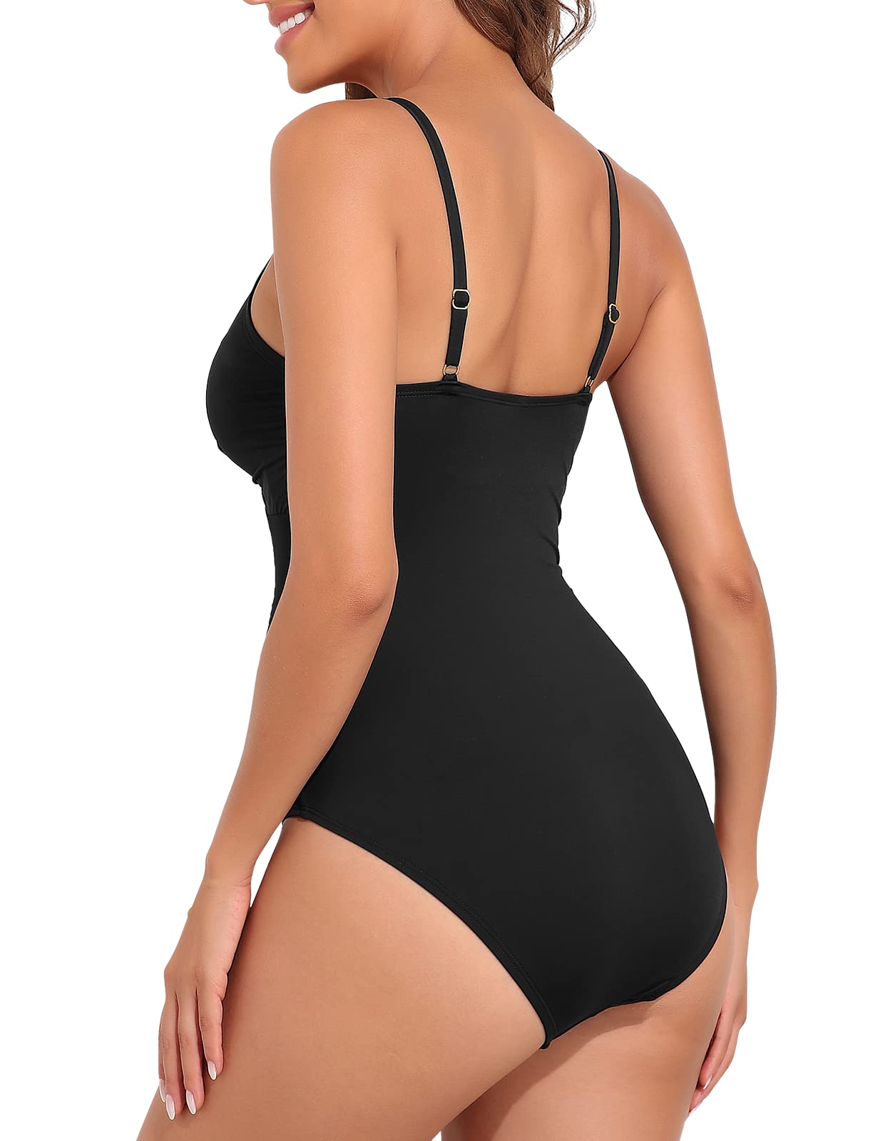 Mycoco Women's Tummy Control One Piece Swimsuit - V Neck Ruched Design Slimming Bathing Suit for Beach, Pool & Vacation