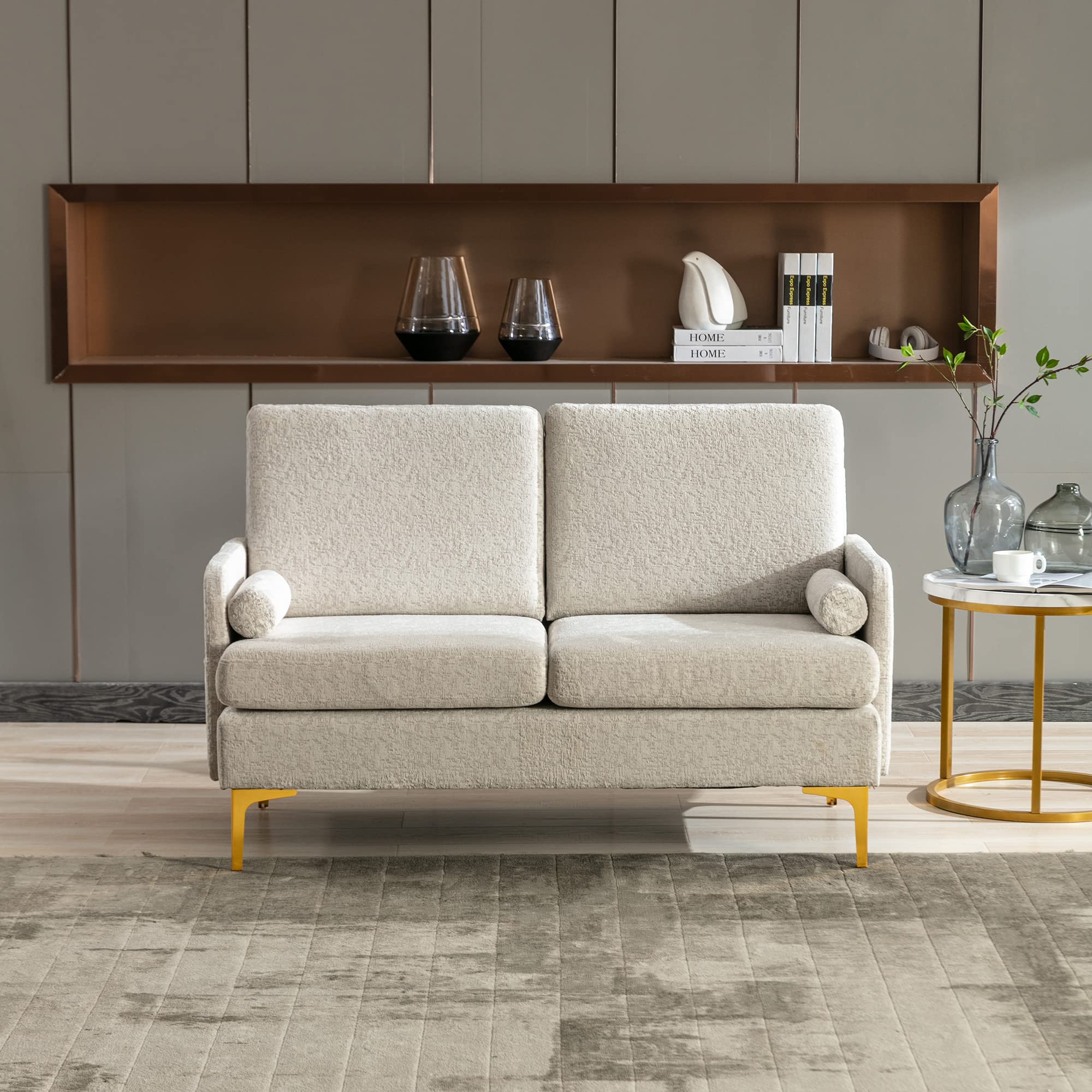 TYMMC Modern Loveseat Sofa Chair - 2-Seater Upholstered Armchair with Thick Cut Pile Cushions, Storage Pocket & Golden Legs - Beige Living Room Furniture for Small Spaces, Apartments & Cozy Home Decor