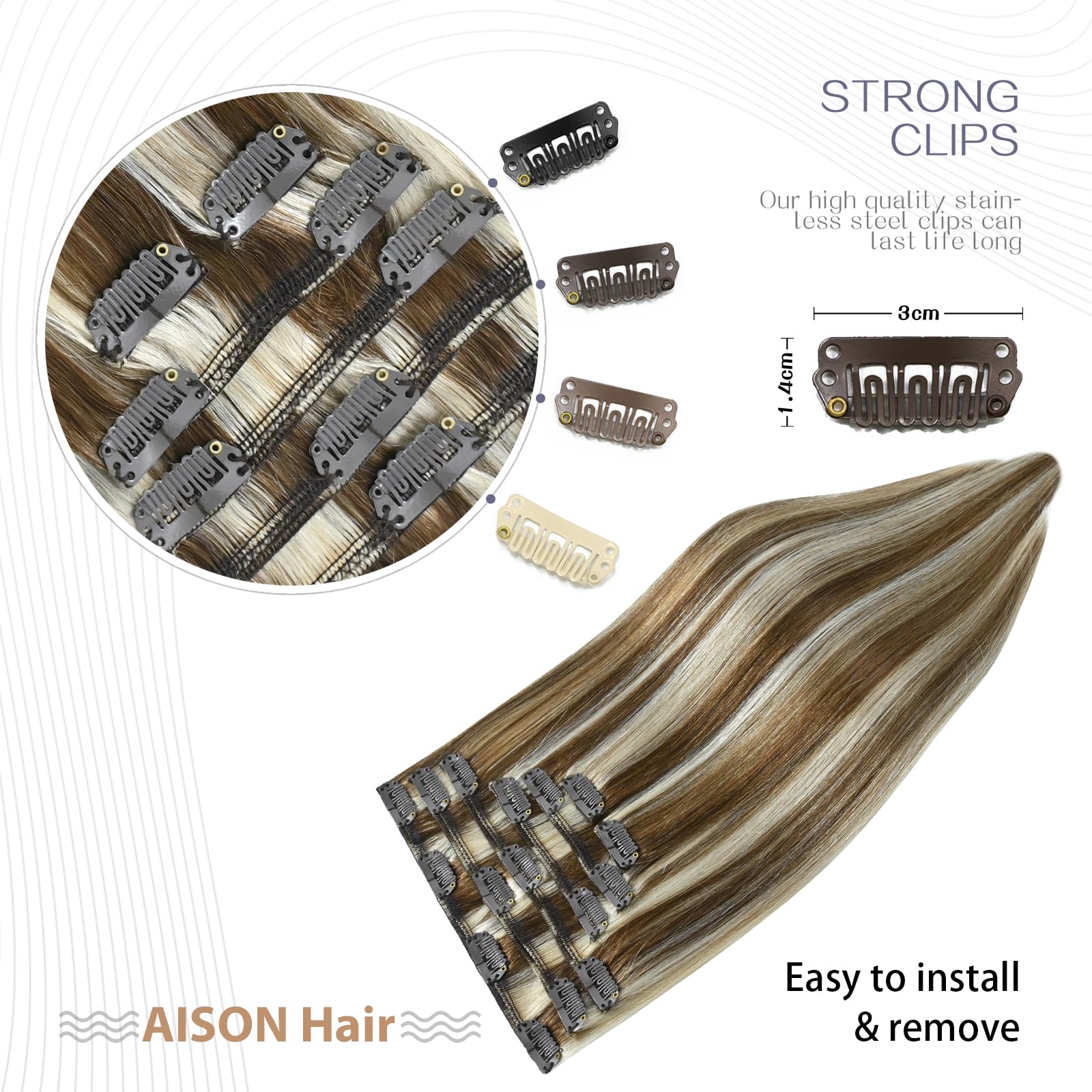 Aison Clip-in Human Hair Extensions 70g Light Brown to Blonde Highlights - 100% Remy Human Hair, Straight 7-Piece Set with 16 Clips (15 Inch #6P613) - Perfect for Daily Styling, Parties & Special Occasions