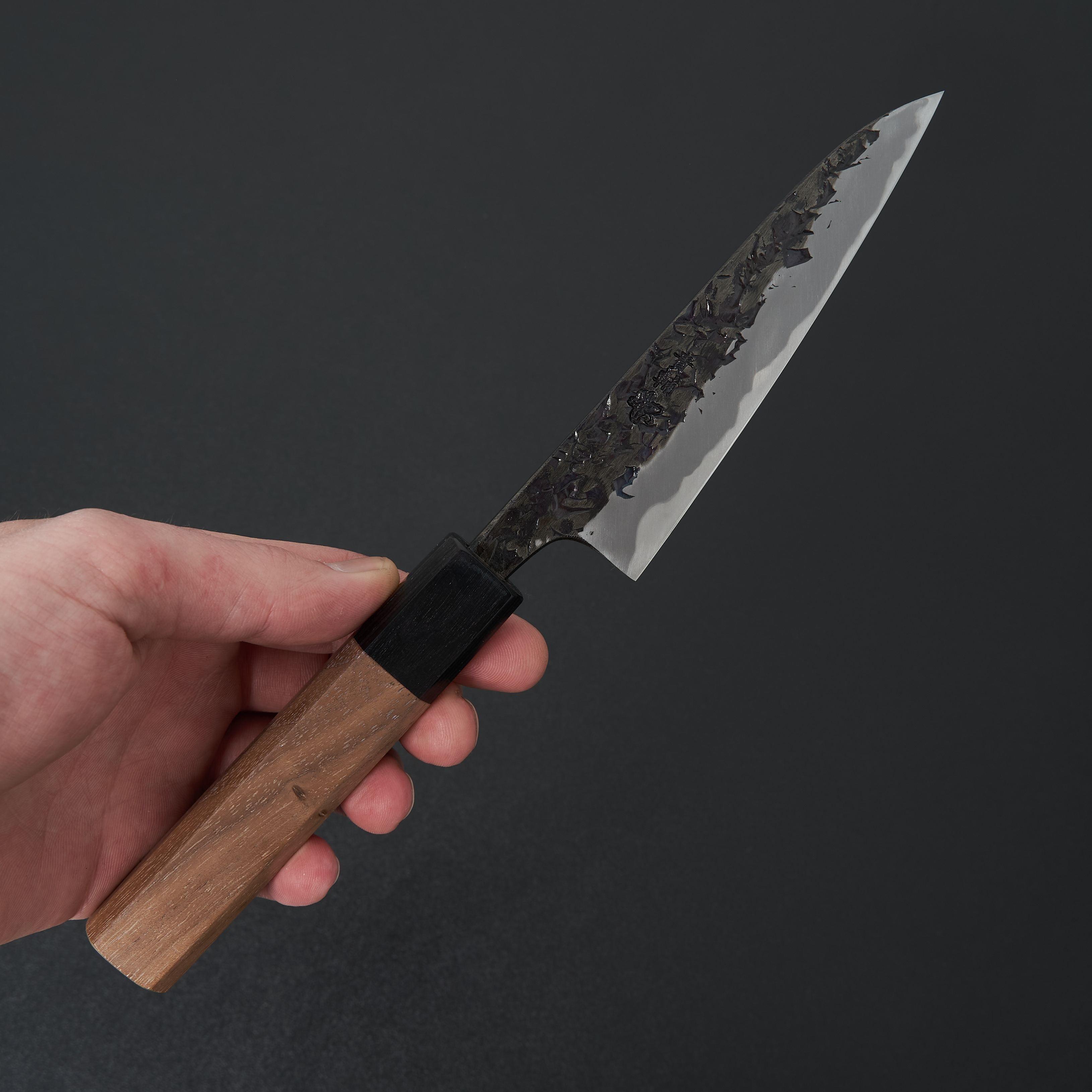 Premium Japanese Manaka Hamono Kisuke Blue #2 Kurouchi Tsuchime Petty Knife 120mm - High Carbon Steel Kitchen Knife for Slicing, Peeling & Precision Cutting - Perfect for Chefs & Home Cooking