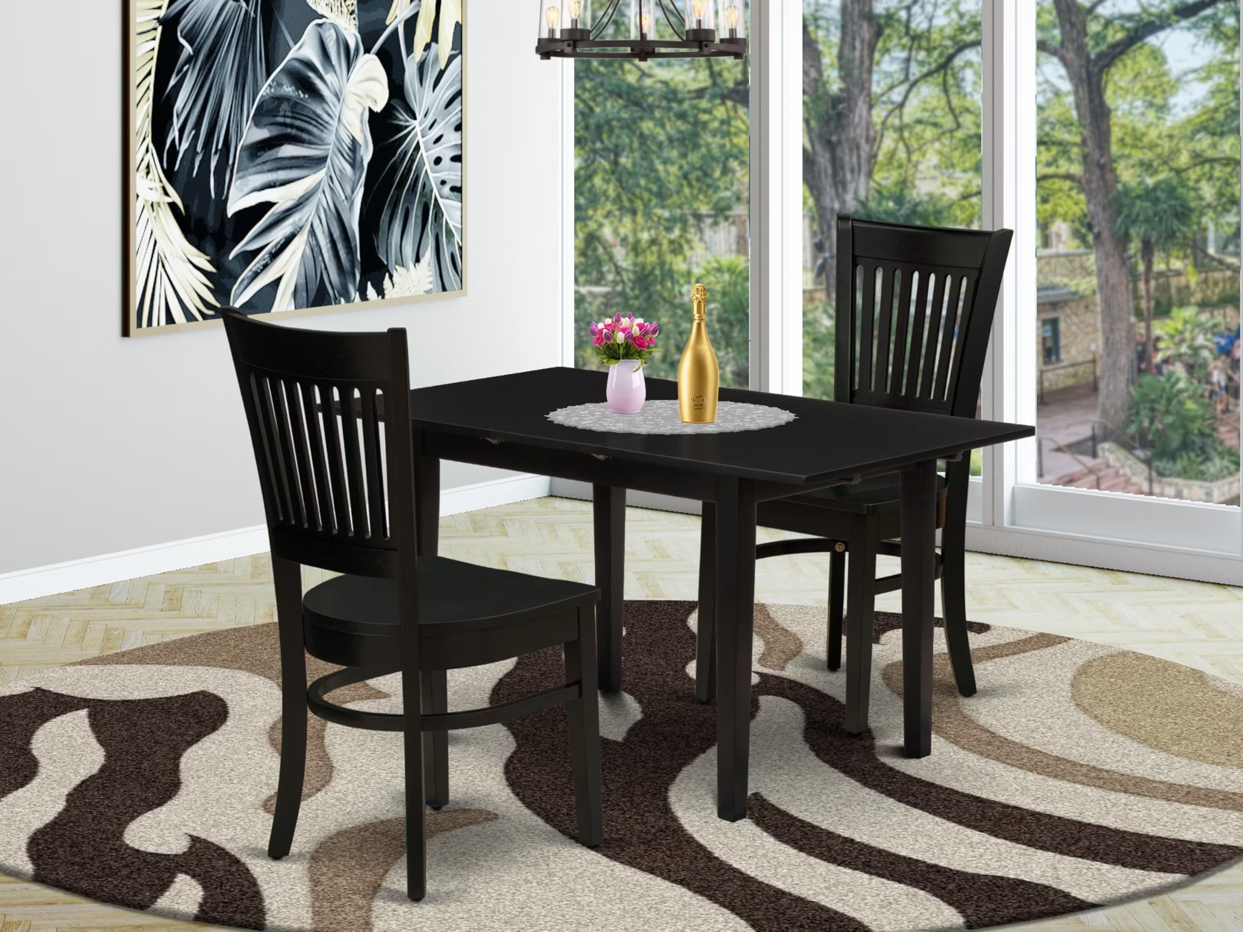 East West Furniture NFVA3-BLK-W 3-Piece Modern Dining Room Set - Black Rectangle Wooden Table with Butterfly Leaf Extension & 2 Upholstered Chairs (32x54 Inch) - Perfect for Small Spaces, Apartments, and Contemporary Kitchens