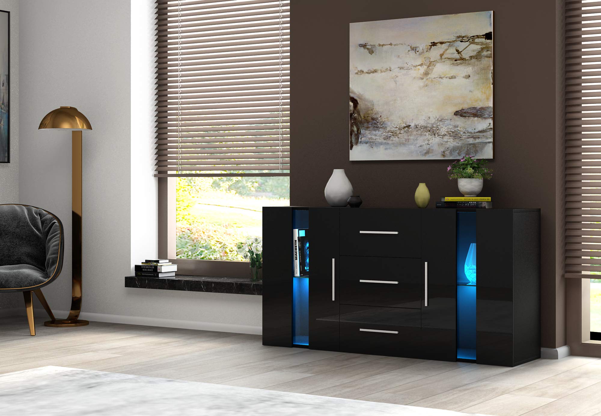 Modern Sideboard with High Gloss Front & RGB LED Lights - Storage Cabinet with Drawers & Doors for Living Room, Hallway - Black (Perfect for Home Decor & Entertainment Setup)