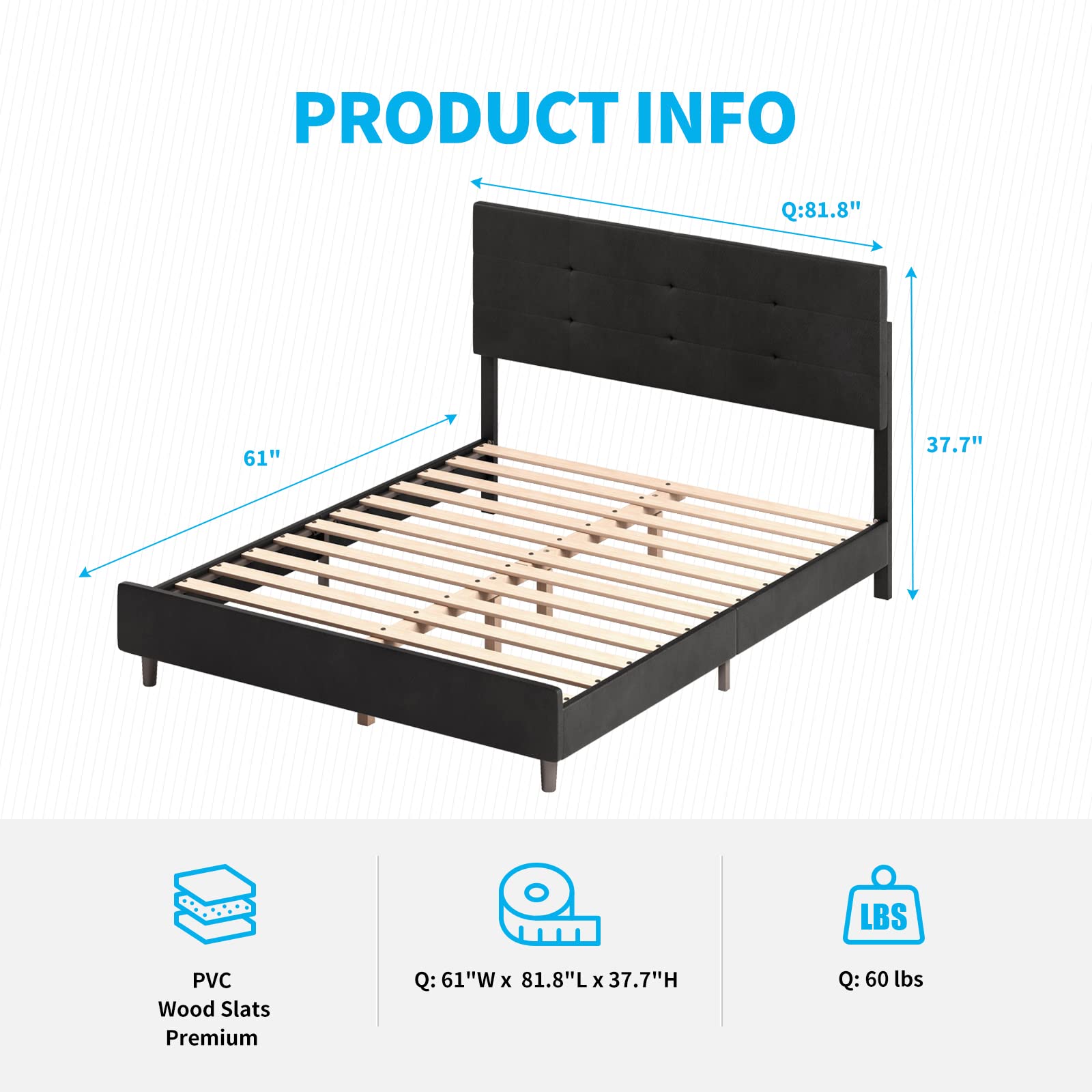 Queen Size Bed Frame with Smart RGB LED Lights, Button Tufted Headboard & PVC Upholstered Platform - No Box Spring Needed (Black) | Modern LED Bed for Bedroom, Gaming Setup & Romantic Ambience