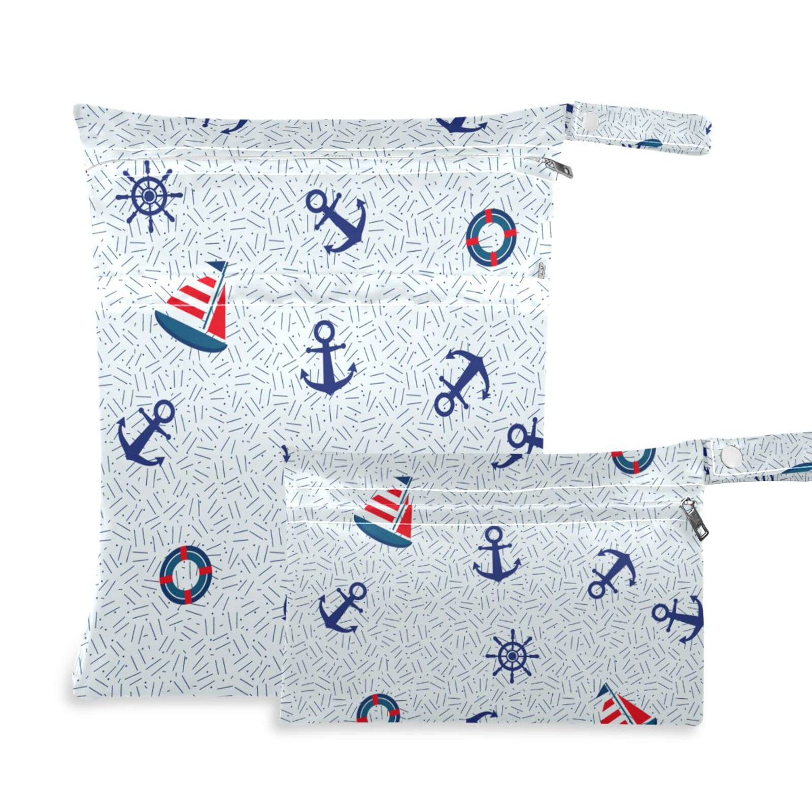 **Susiyo 2 Pack Waterproof Wet Dry Bags - Reusable Cloth Diaper & Swimsuits Storage with Two Zippered Pockets | Baby Stroller, Beach, Pool, Gym, Travel Organizer for Dirty Clothes & Wet Swimwear (Blue Cute Marine Sailboat Anchor Design)**