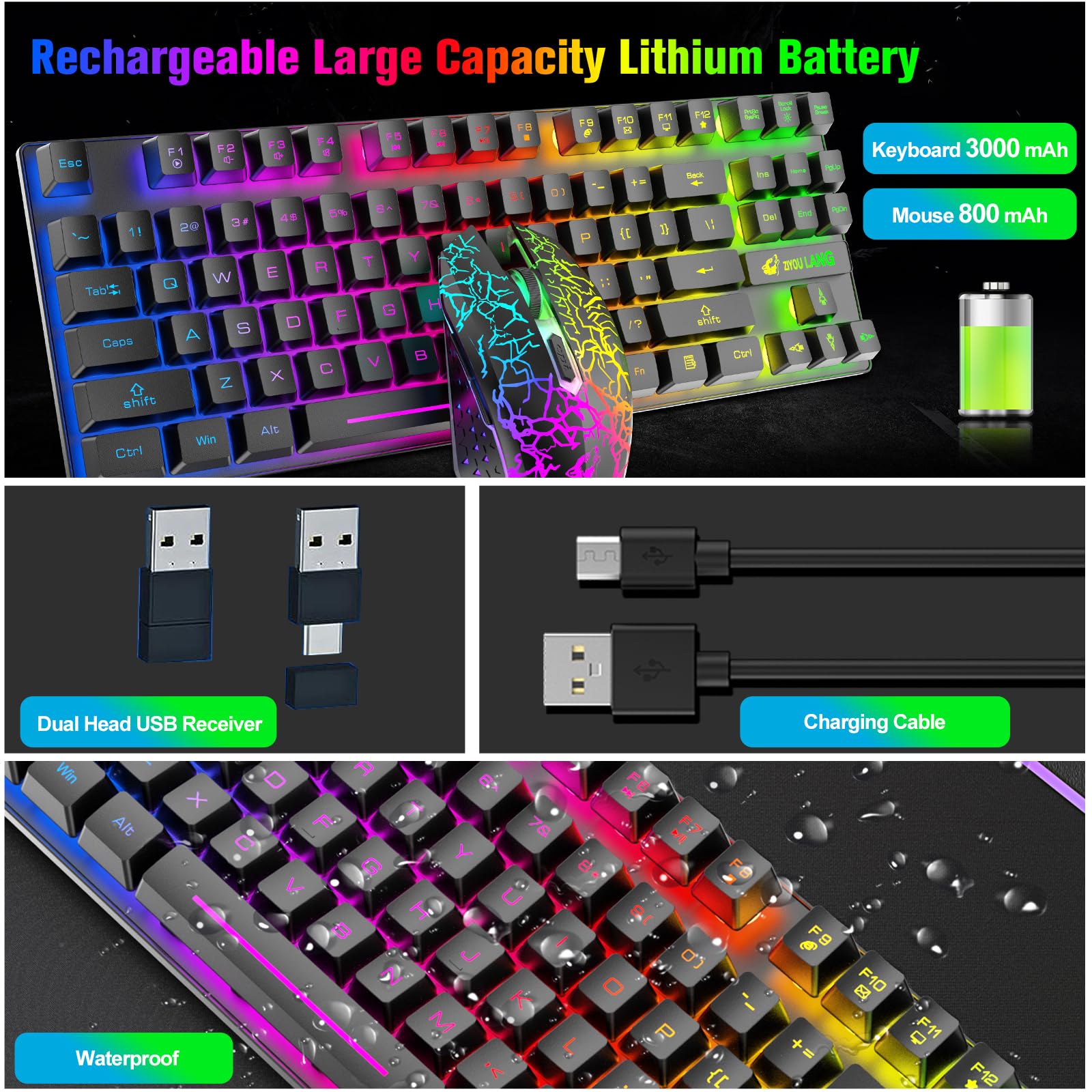 Wireless Gaming Keyboard and Mouse Combo - 87 Key Mechanical Feel RGB Backlit, Rechargeable 3800mAh Battery, Anti-Ghosting, Ergonomic & Waterproof Design for PC Gamers (Black) | Perfect for Esports, Streaming & Office Work