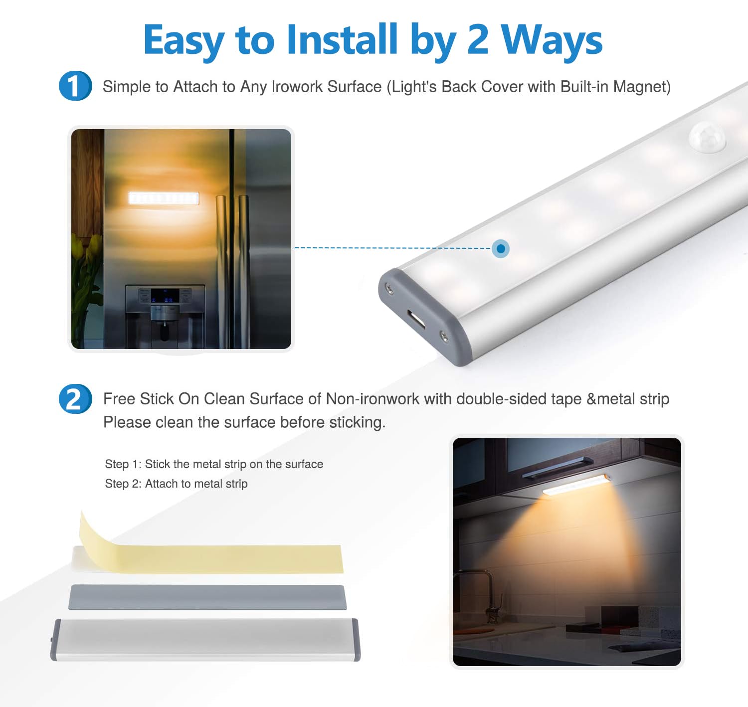 20 LED Wireless Rechargeable Under Cabinet Lighting - 3 Pack Magnetic Motion Sensor Night Lights for Kitchen, Closet, Wardrobe & Stairs | Dimmable Battery Operated LED Closet Lights (White) - Perfect for Nighttime Safety & Easy Access in Dark Spaces