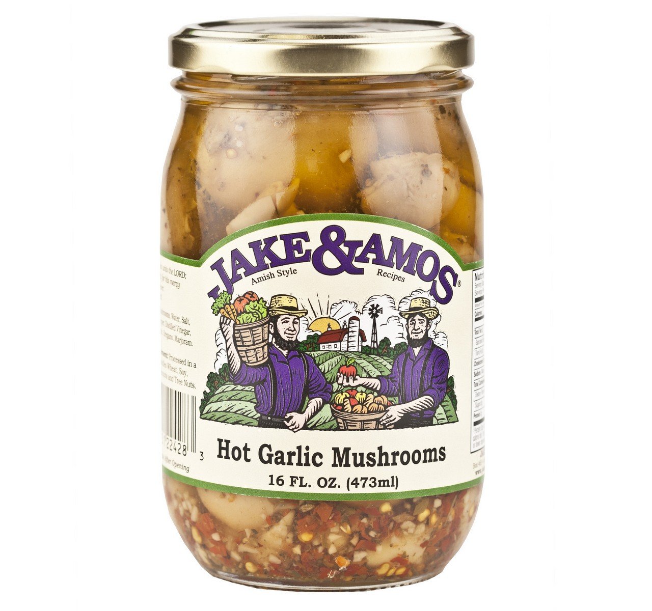 Jake & Amos Spicy Pickled Garlic Mushrooms - 16 Oz Glass Jars (2 Pack) - Perfect for Charcuterie Boards, Salads & Gourmet Gifts