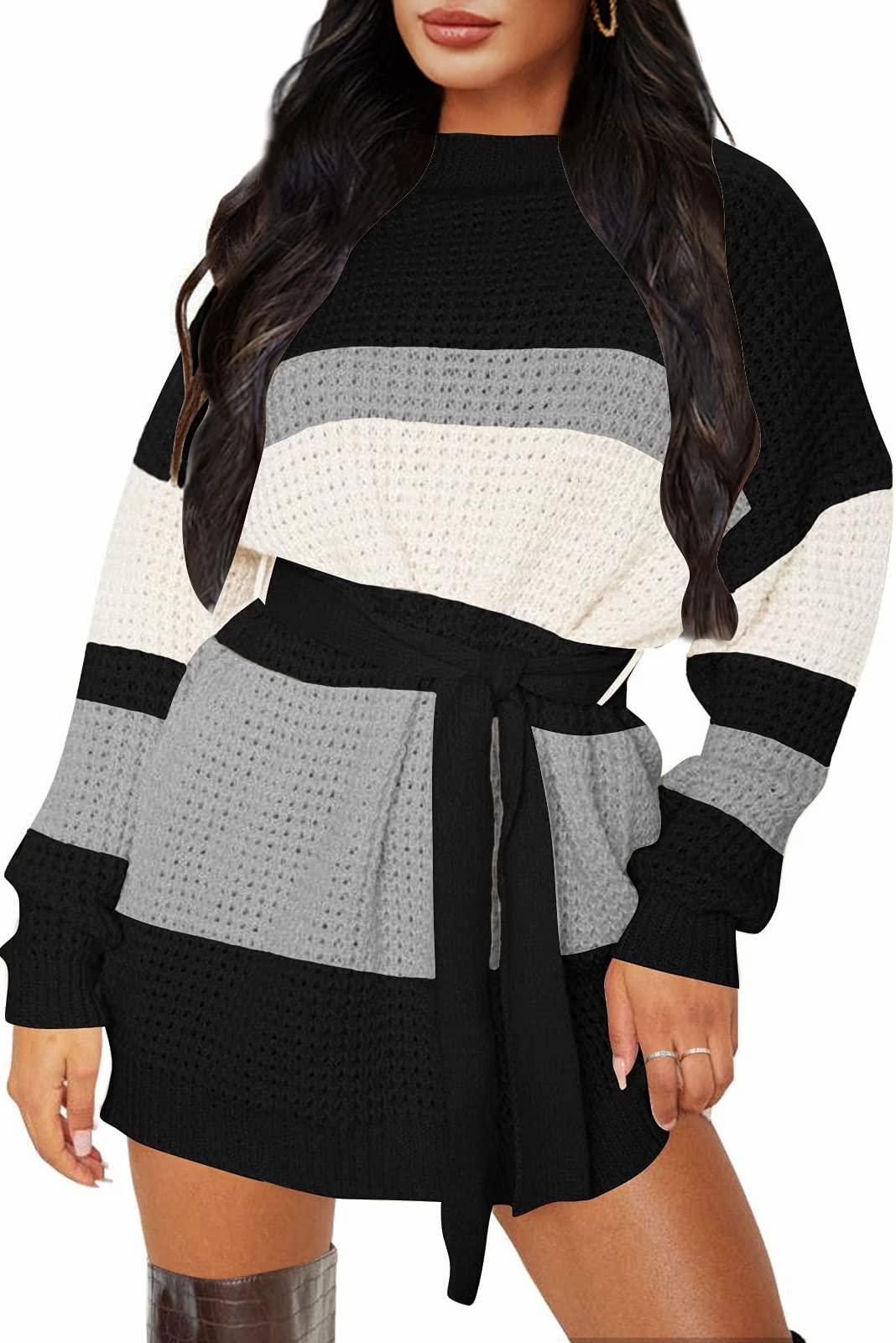 ZESICA Women's Long Sleeve Waffle Knit Tie Waist Tunic Sweater Dress - Casual Fall Winter Pullover for Work, Date Night & Holiday Outfits