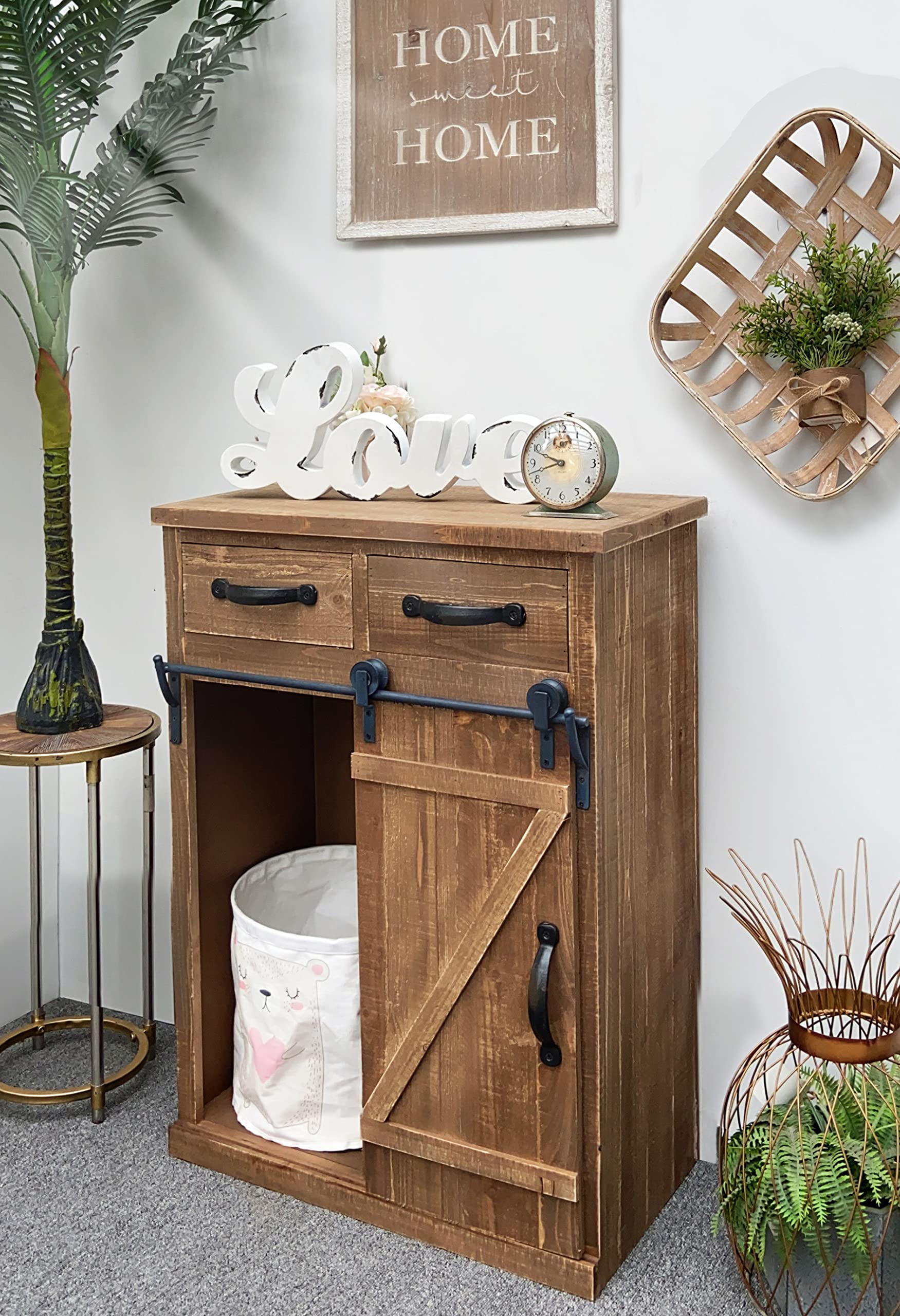 Vintage Wooden Barn Door Cabinet - Classic American Country Style with 2 Drawers for Rustic Home Decor, Farmhouse Bedroom Storage & Living Room Organization