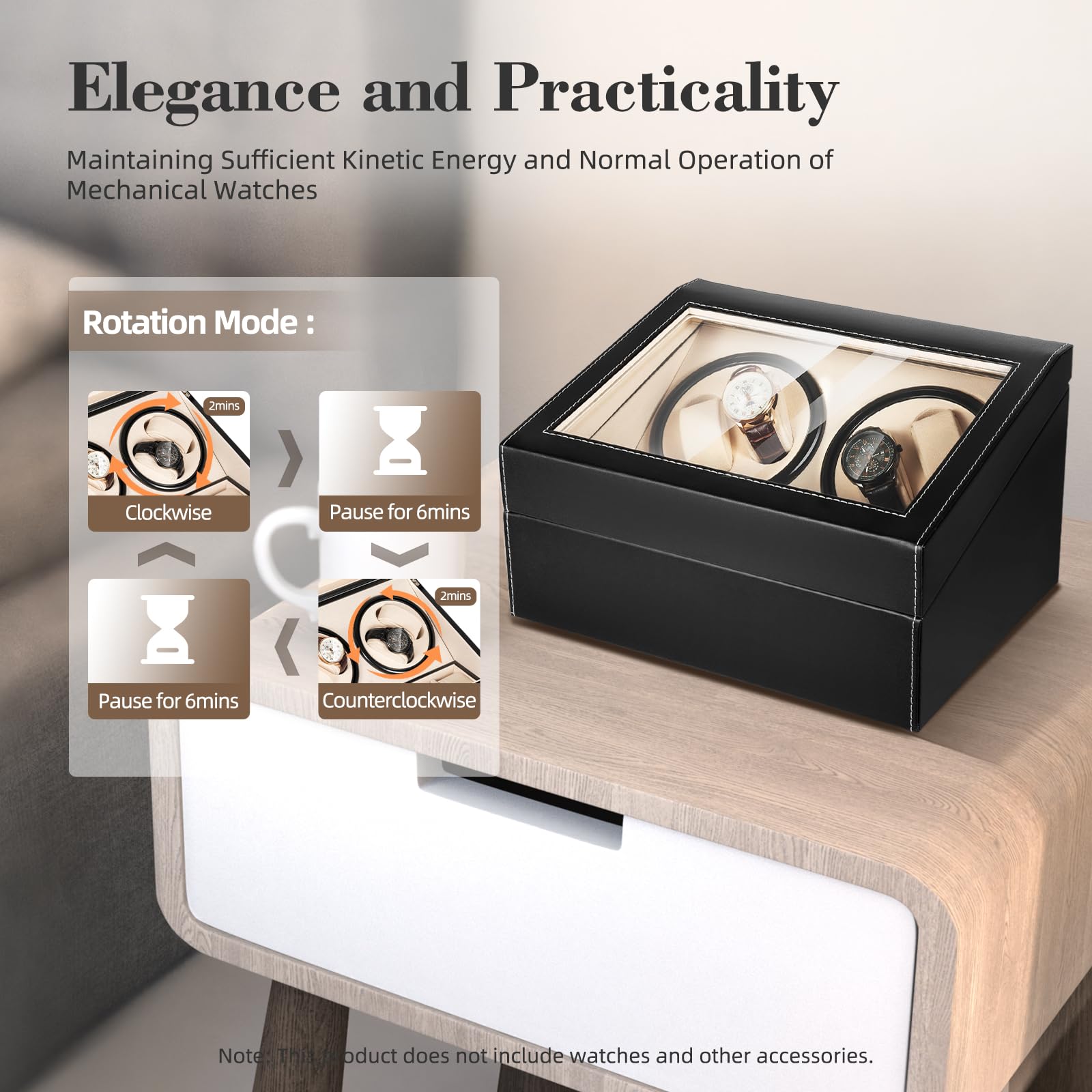 DYRABREST Automatic Watch Winder for 4 Watches - Super Quiet Motor, Bidirectional Rotation with 6 Extra Storage Slots - AC Powered Watch Box for Mechanical & Self-Winding Watches - Perfect for Watch Collectors, Travel & Nightstand Storage