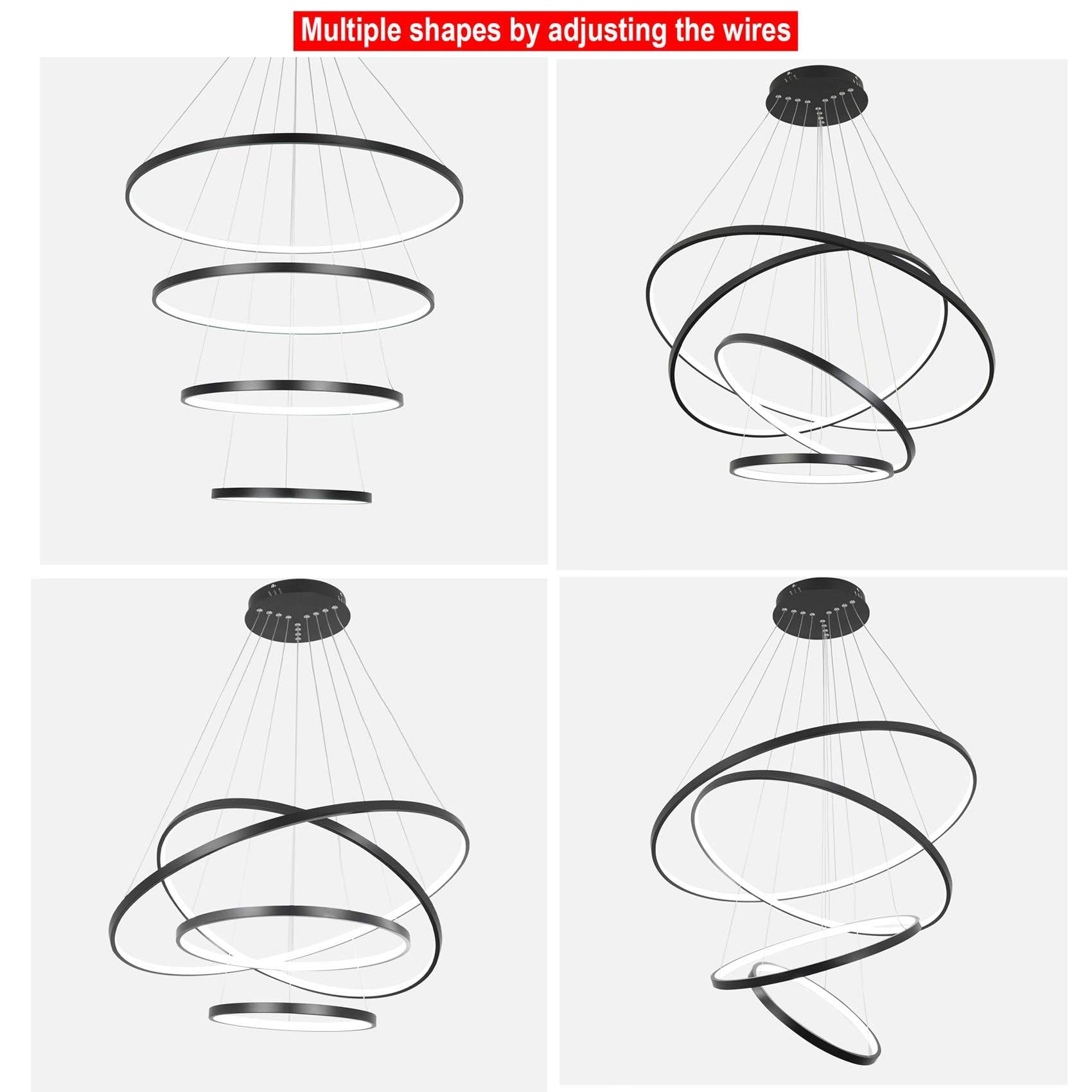Modern LED Chandelier Lighting - Dimmable 4-Ring Ceiling Light Fixture in Cool White & Black for Dining Room, Living Room, Foyer, Bedroom | Contemporary Pendant Light for Home Decor & Ambient Lighting
