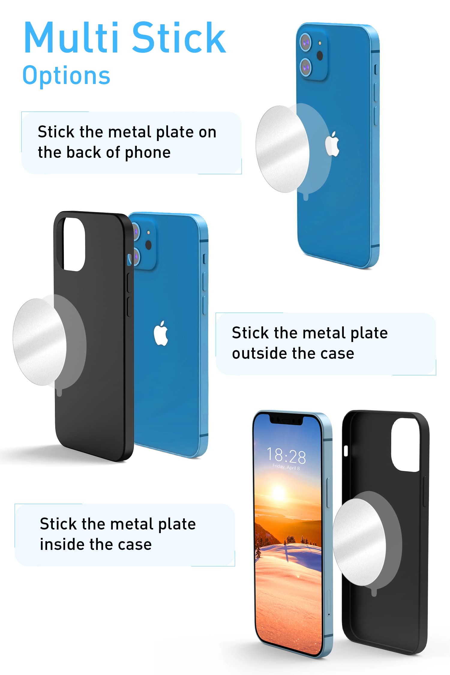 Tryone 4-Pack Magnetic Car Mount Metal Plates with 3M Adhesive - Compatible with Phone Magnets & Car Phone Holders (2 Rectangle & 2 Round, Black/Silver) for Secure Smartphone Mounting While Driving