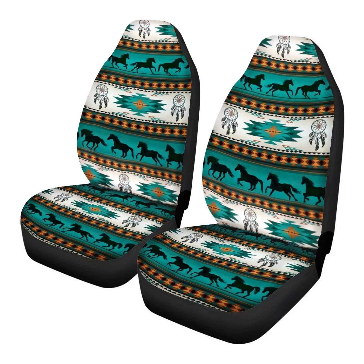 Premium Aztec Car Seat Covers - Front Seats Only | Native Pattern Horses Stripe Turquoise | Universal Fit for Cars & Vans | Vehicle Seat Protector & Saddle Blanket | Perfect for Road Trips, Daily Commutes & Interior Styling